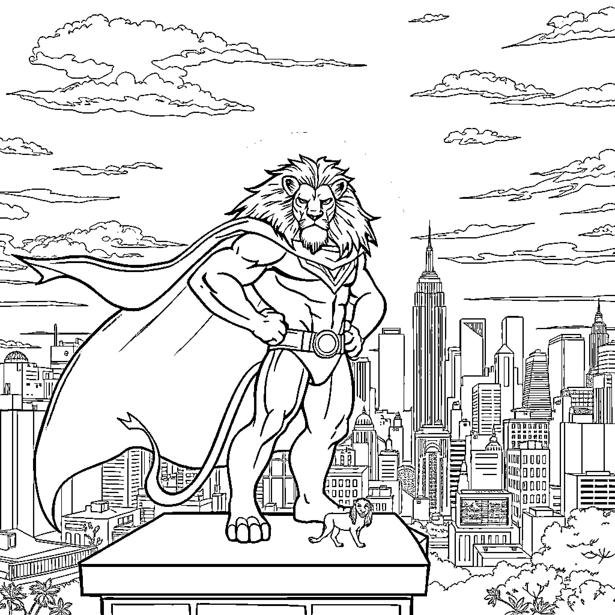 Lion Majestically Overlooking City Skyline Coloring Page (free black-and-white line drawing printable PDF for all, from beginners to advanced learners, including children, teens, adults, and seniors)