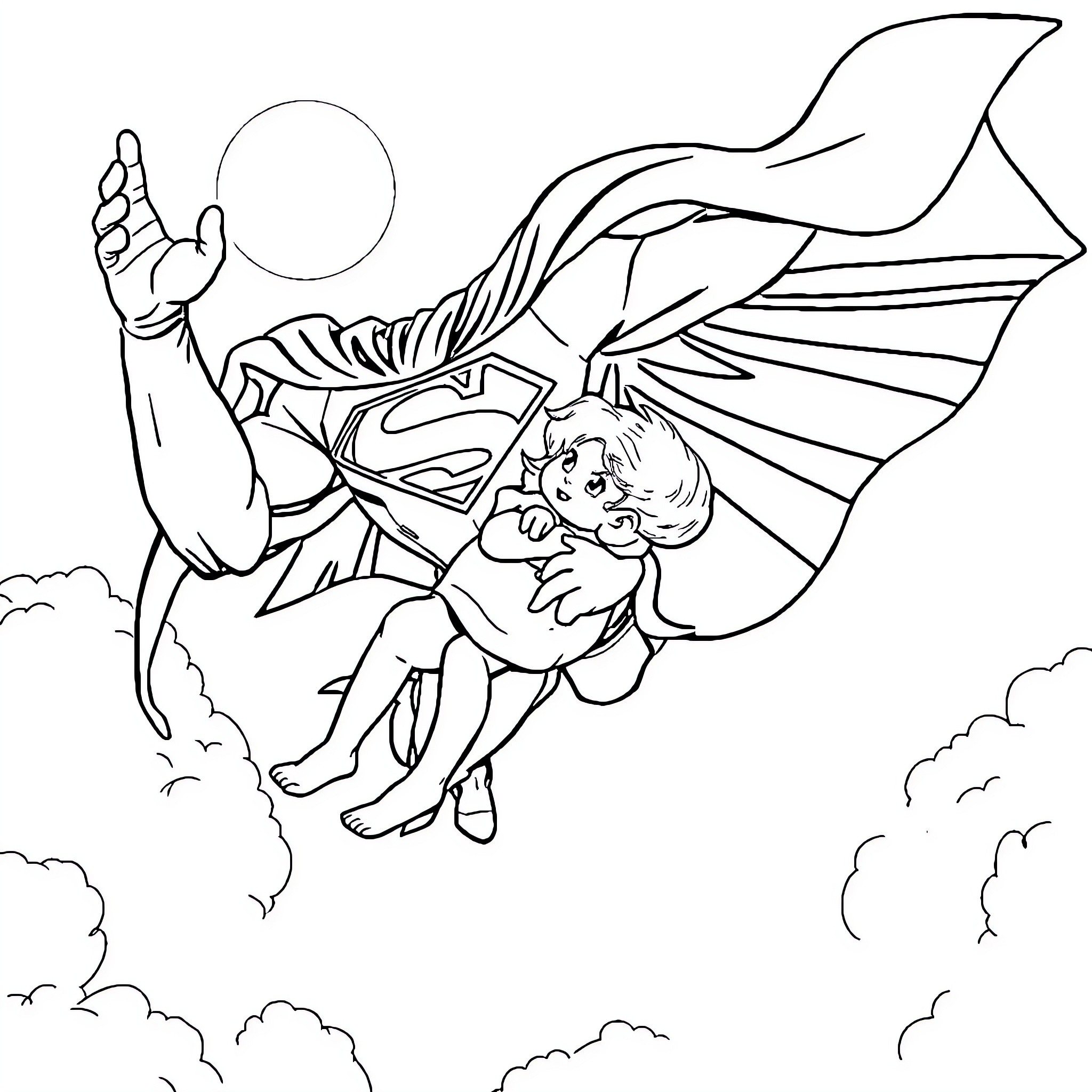 Superman flying with determined expression Coloring Page (free black-and-white line drawing printable PDF for all, from beginners to advanced learners, including children, teens, adults, and seniors)
