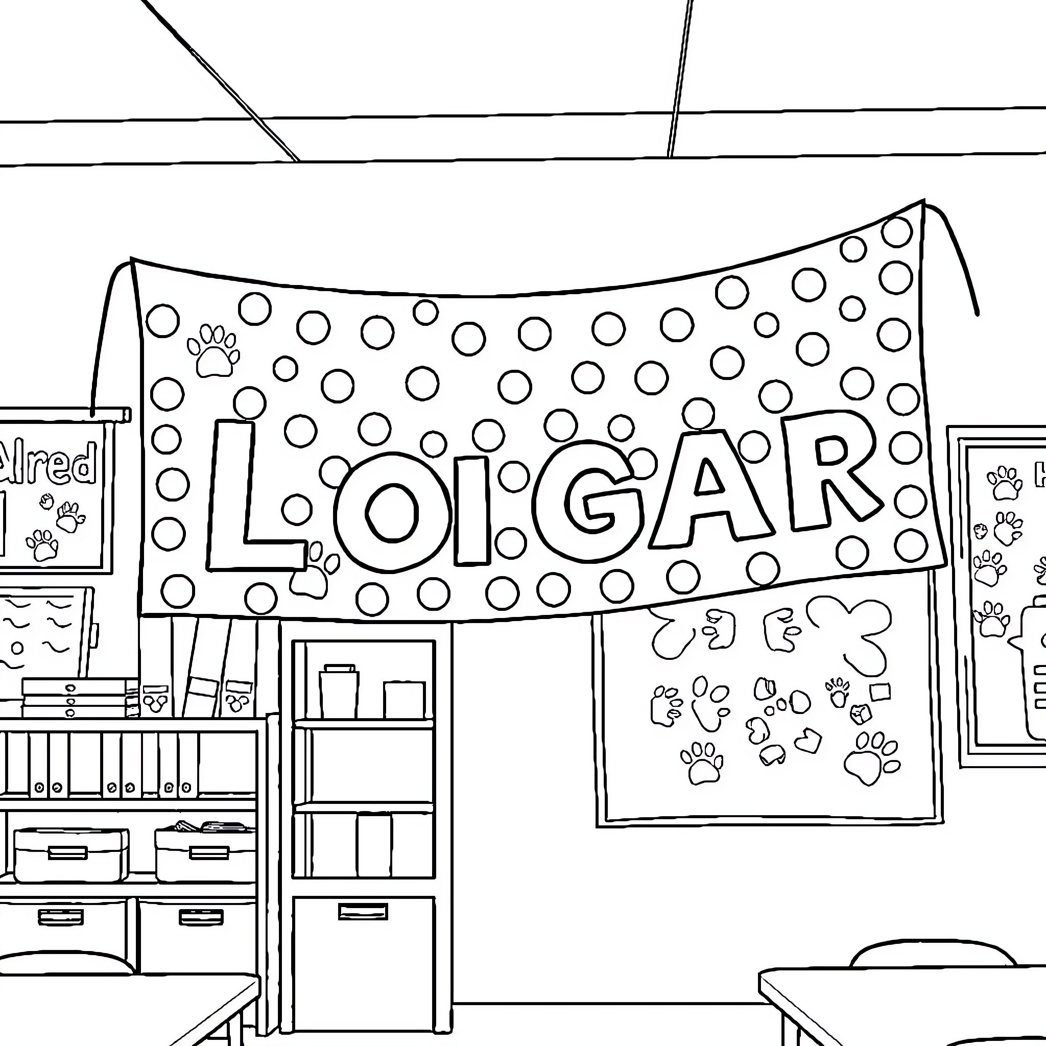 Cougar pet store with colorful decor and signage Coloring Page (free black-and-white line drawing printable PDF for all, from beginners to advanced learners, including children, teens, adults, and seniors)