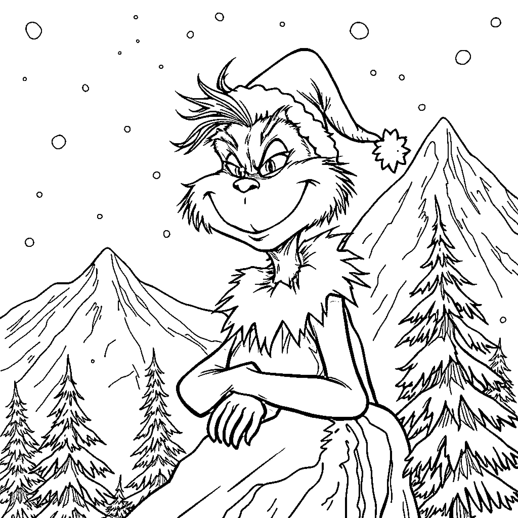 Grinch enjoying the snowy mountain scenery Coloring Page (free black-and-white line drawing printable PDF for all, from beginners to advanced learners, including children, teens, adults, and seniors)