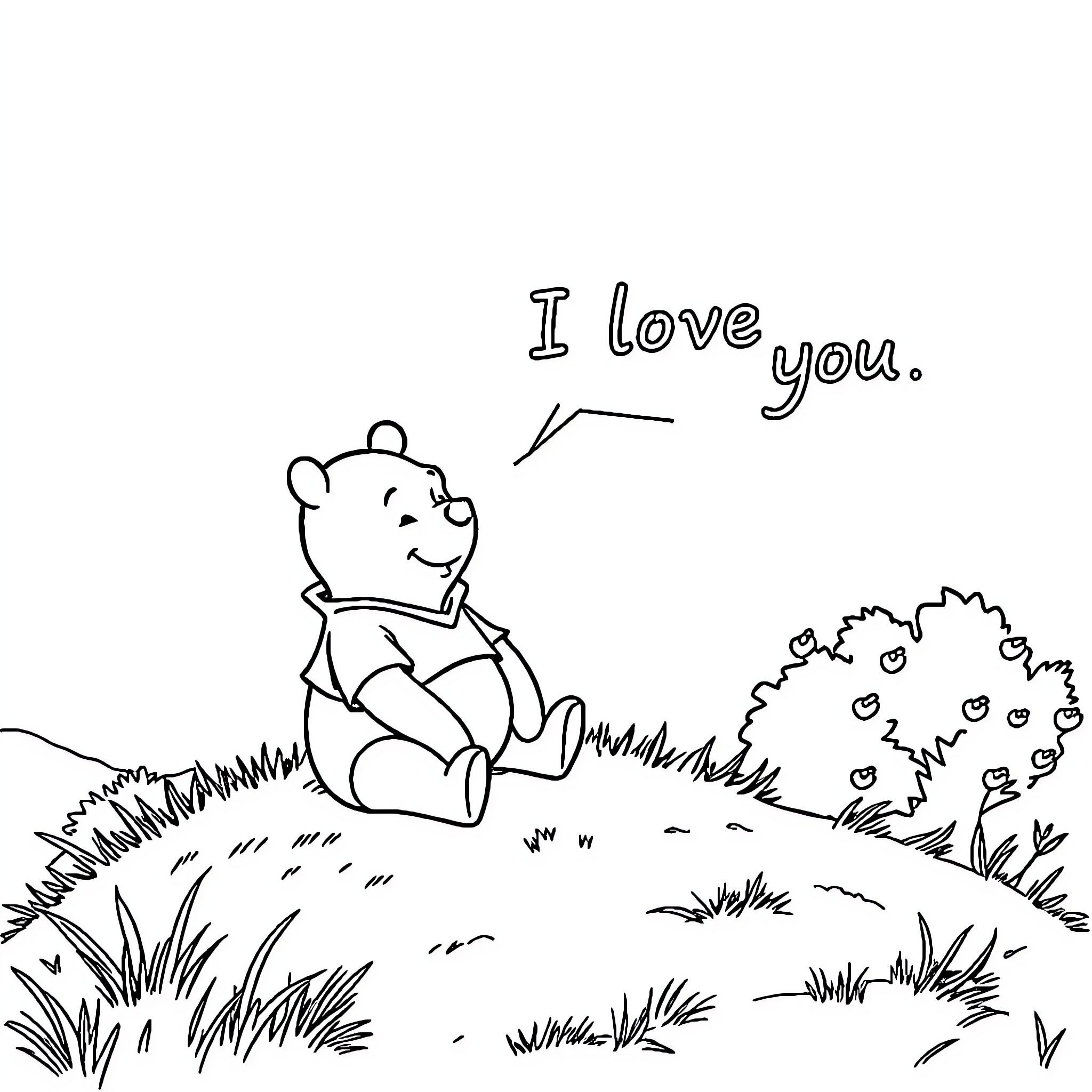 Winnie The Pooh Expressing Love in Nature Coloring Page (free black-and-white line drawing printable PDF for all, from beginners to advanced learners, including children, teens, adults, and seniors)
