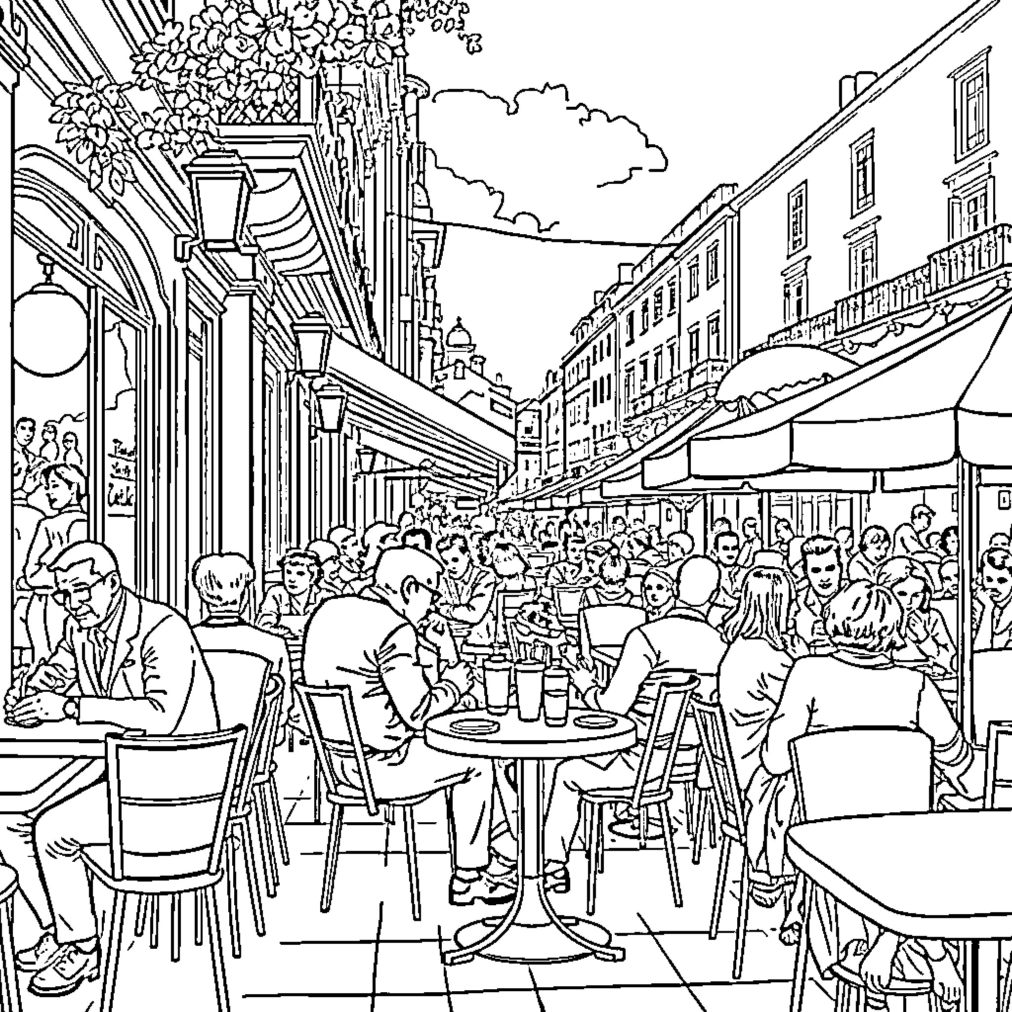 Alex Plat's Bustling Street Scene with Cafe Patrons Coloring Page (free black-and-white line drawing printable PDF for all, from beginners to advanced learners, including children, teens, adults, and seniors)