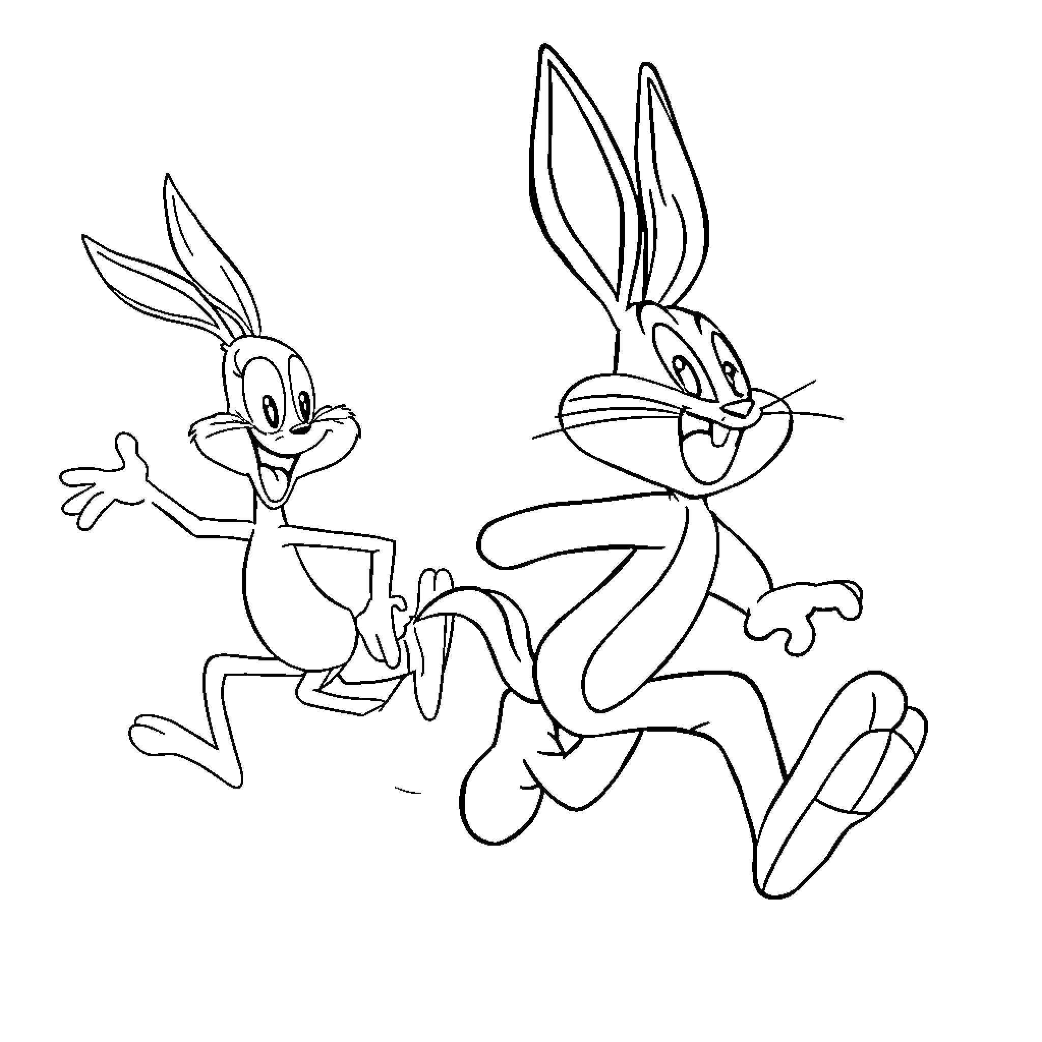 Bugs Bunny characters in animated antics Coloring Page (free black-and-white line drawing printable PDF for all, from beginners to advanced learners, including children, teens, adults, and seniors)