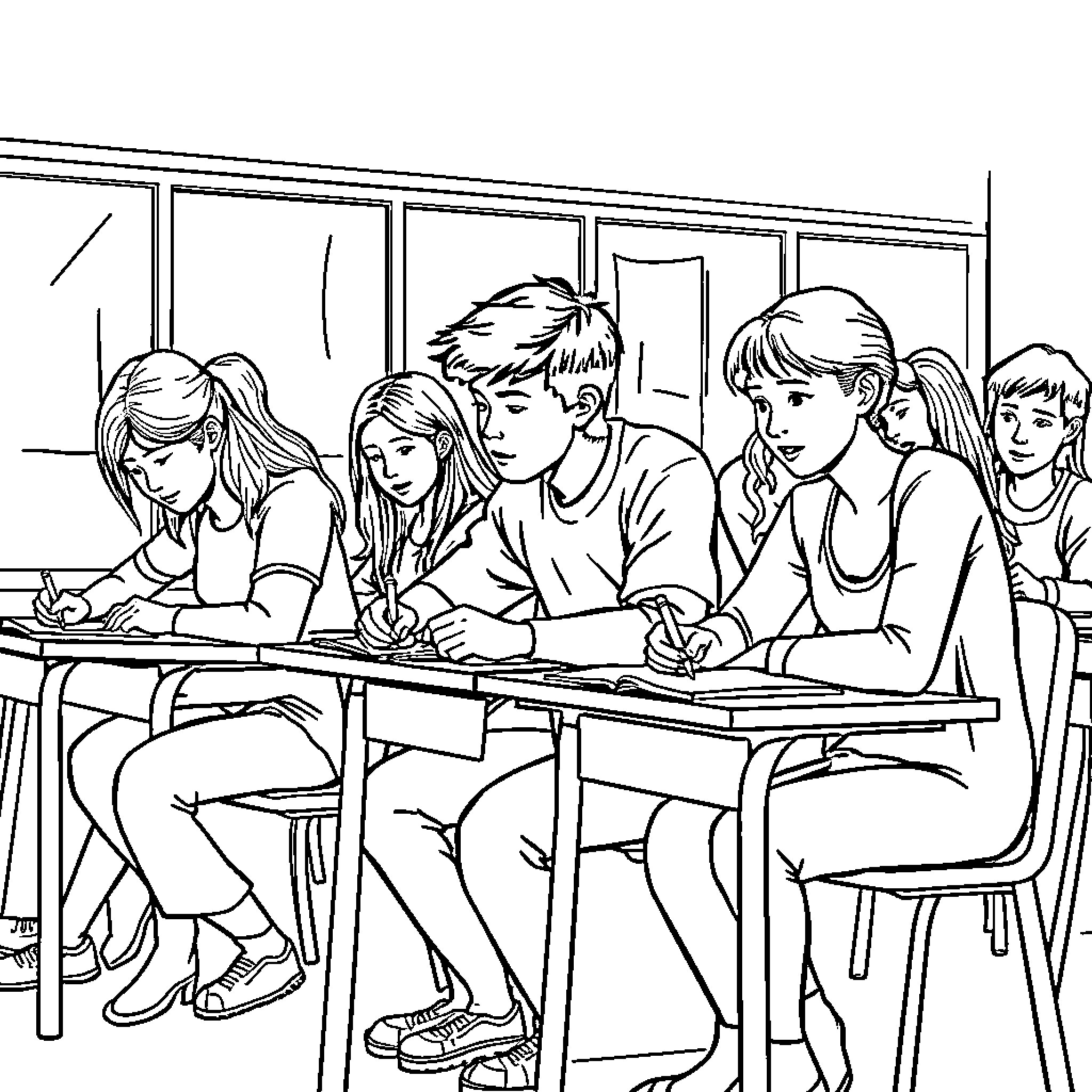 Students collaborating in a classroom setting Coloring Page (free black-and-white line drawing printable PDF for all, from beginners to advanced learners, including children, teens, adults, and seniors)