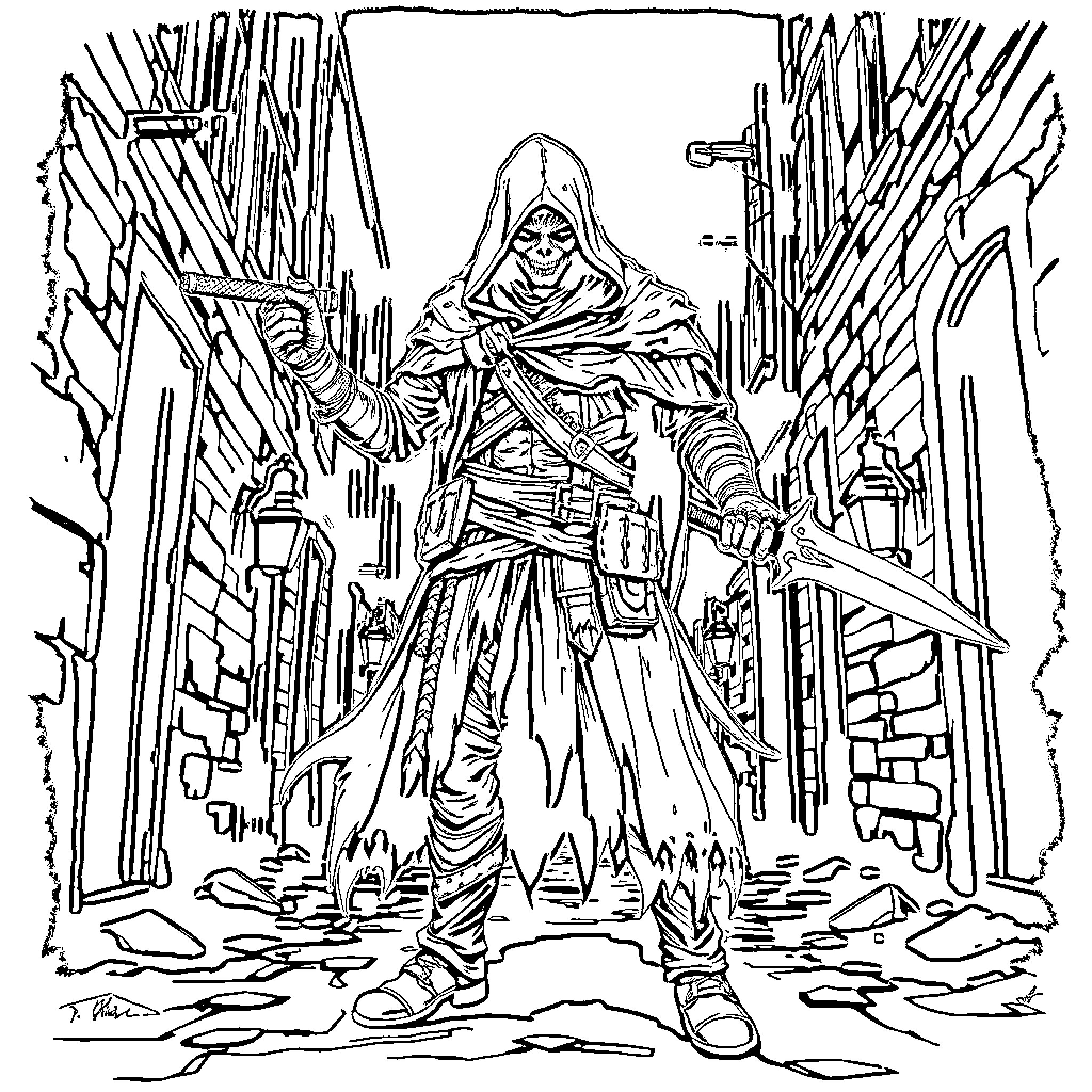 Hunter in Mysterious Ruins Wielding Weapons Coloring Page (free black-and-white line drawing printable PDF for all, from beginners to advanced learners, including children, teens, adults, and seniors)