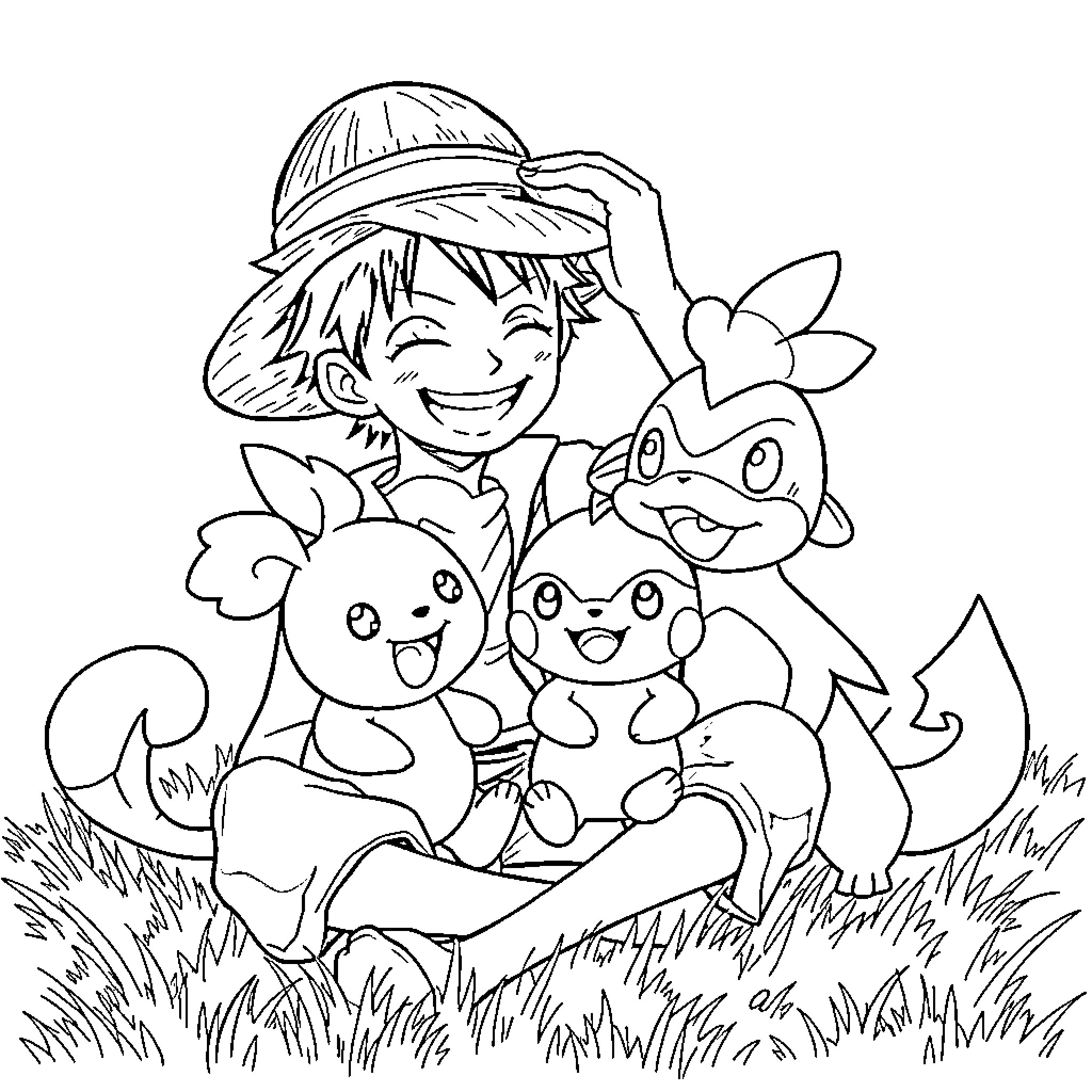 Monkey D Luffy Playing with Cute Pokémon Characters Coloring Page (free black-and-white line drawing printable PDF for all, from beginners to advanced learners, including children, teens, adults, and seniors)