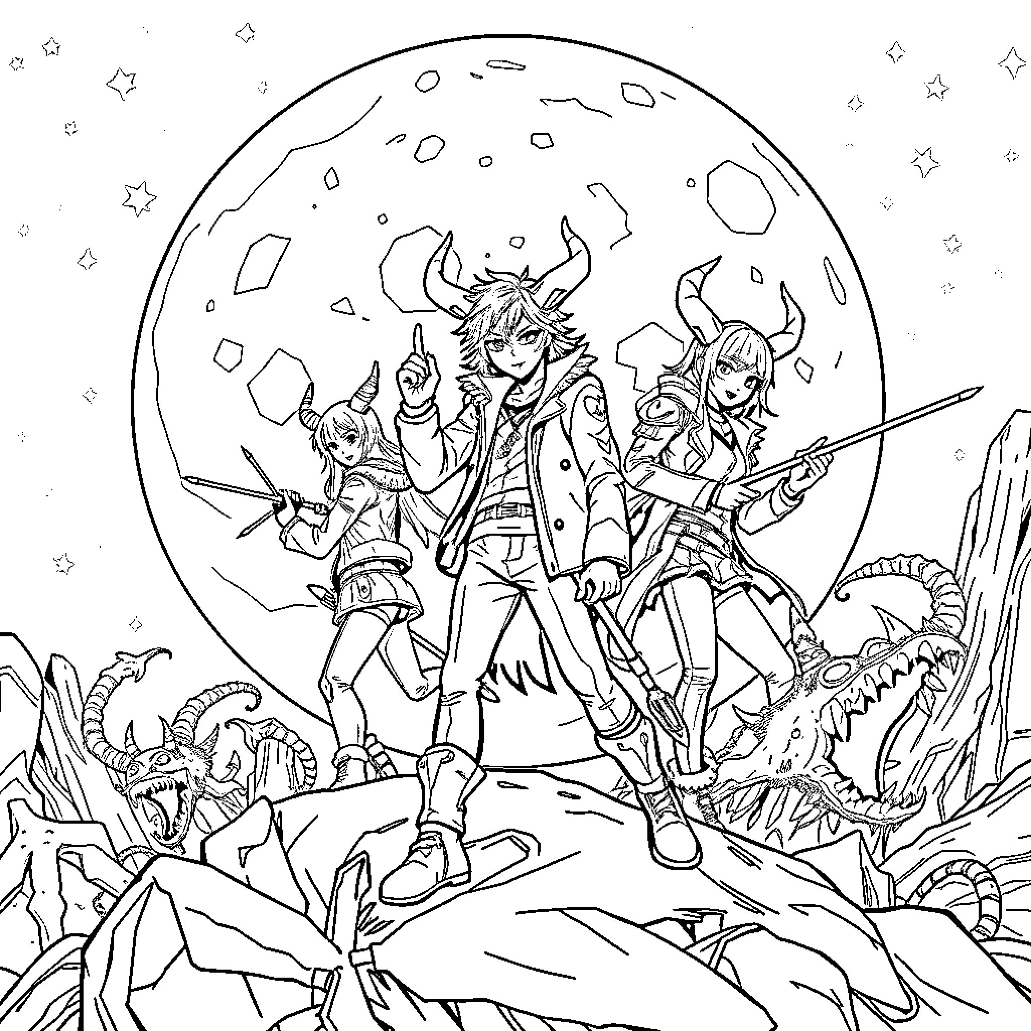 Demon Hunter Battles Fearsome Creatures Under the Moonlight Coloring Page (free black-and-white line drawing printable PDF for all, from beginners to advanced learners, including children, teens, adults, and seniors)