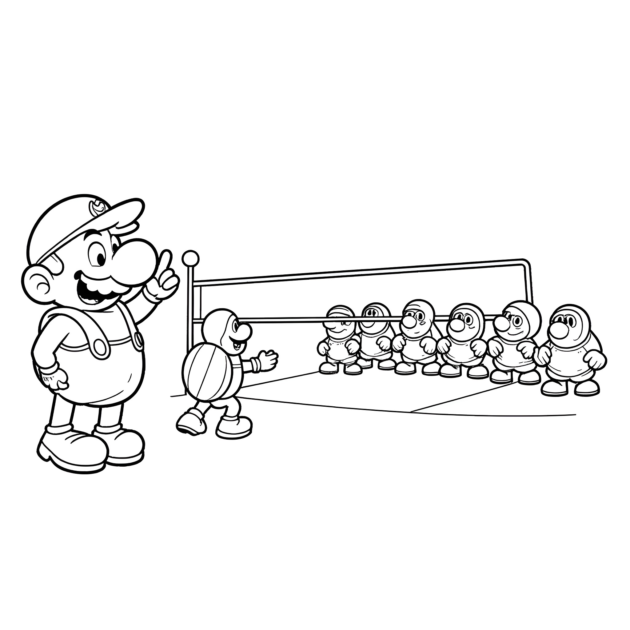 Goomba directing a group of characters Coloring Page (free black-and-white line drawing printable PDF for all, from beginners to advanced learners, including children, teens, adults, and seniors)