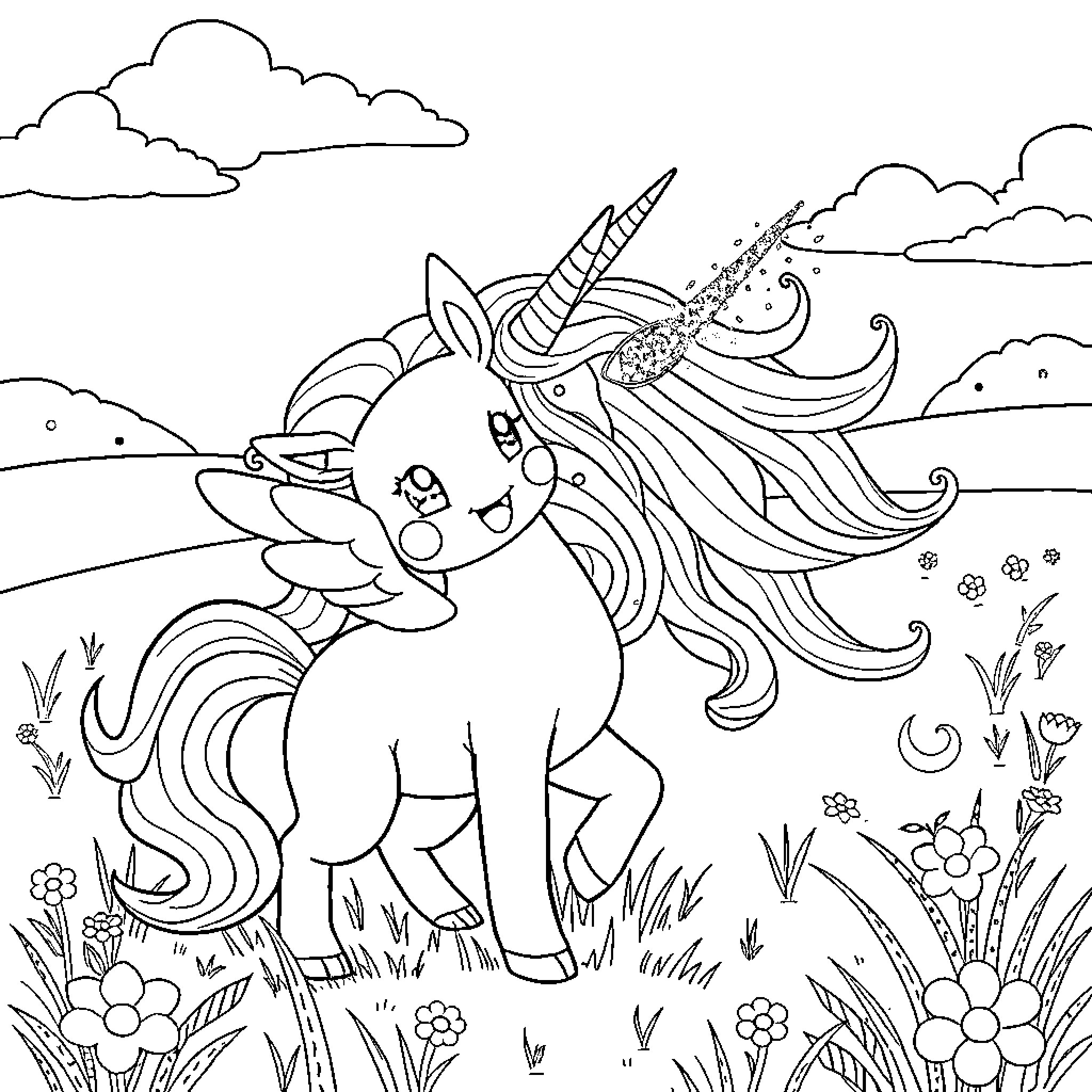 Pokémon Unicorn in a Magical Landscape Coloring Page (free black-and-white line drawing printable PDF for all, from beginners to advanced learners, including children, teens, adults, and seniors)