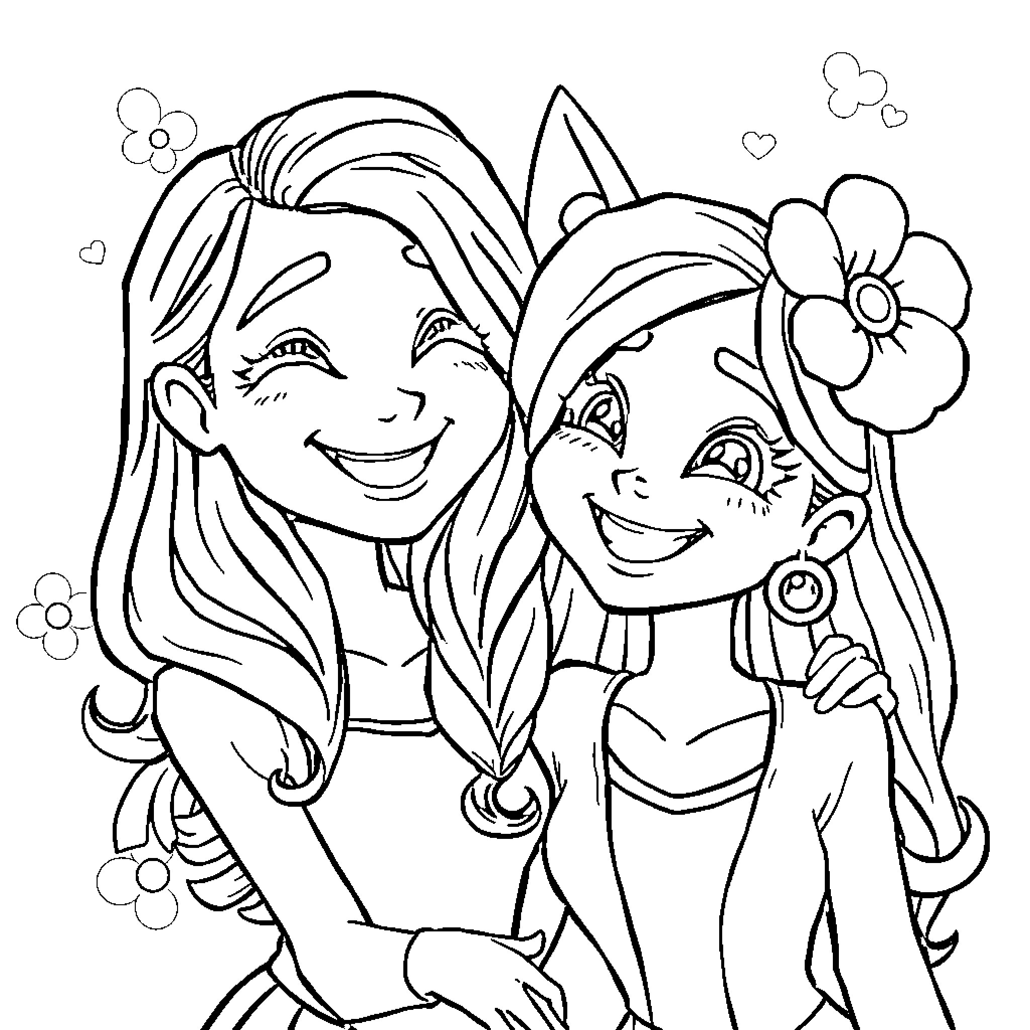 Zoë and Poppy's Playful Adventure Coloring Page (free black-and-white line drawing printable PDF for all, from beginners to advanced learners, including children, teens, adults, and seniors)