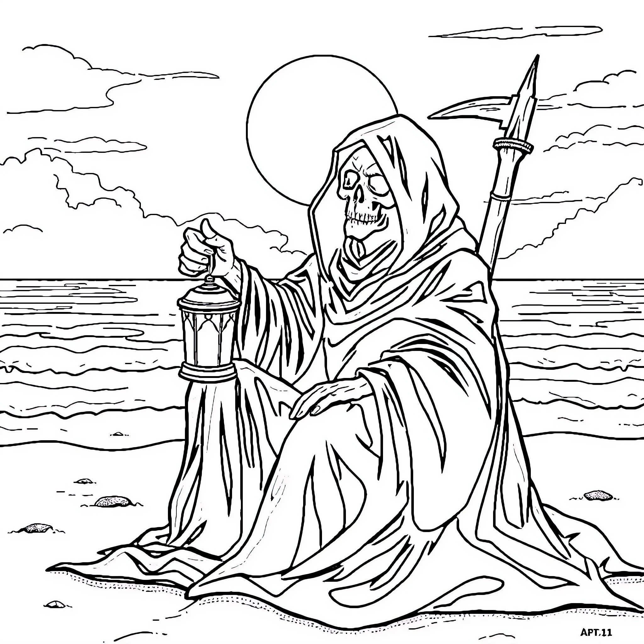 Grim Reaper carrying lantern on a beach Coloring Page (free black-and-white line drawing printable PDF for all, from beginners to advanced learners, including children, teens, adults, and seniors)