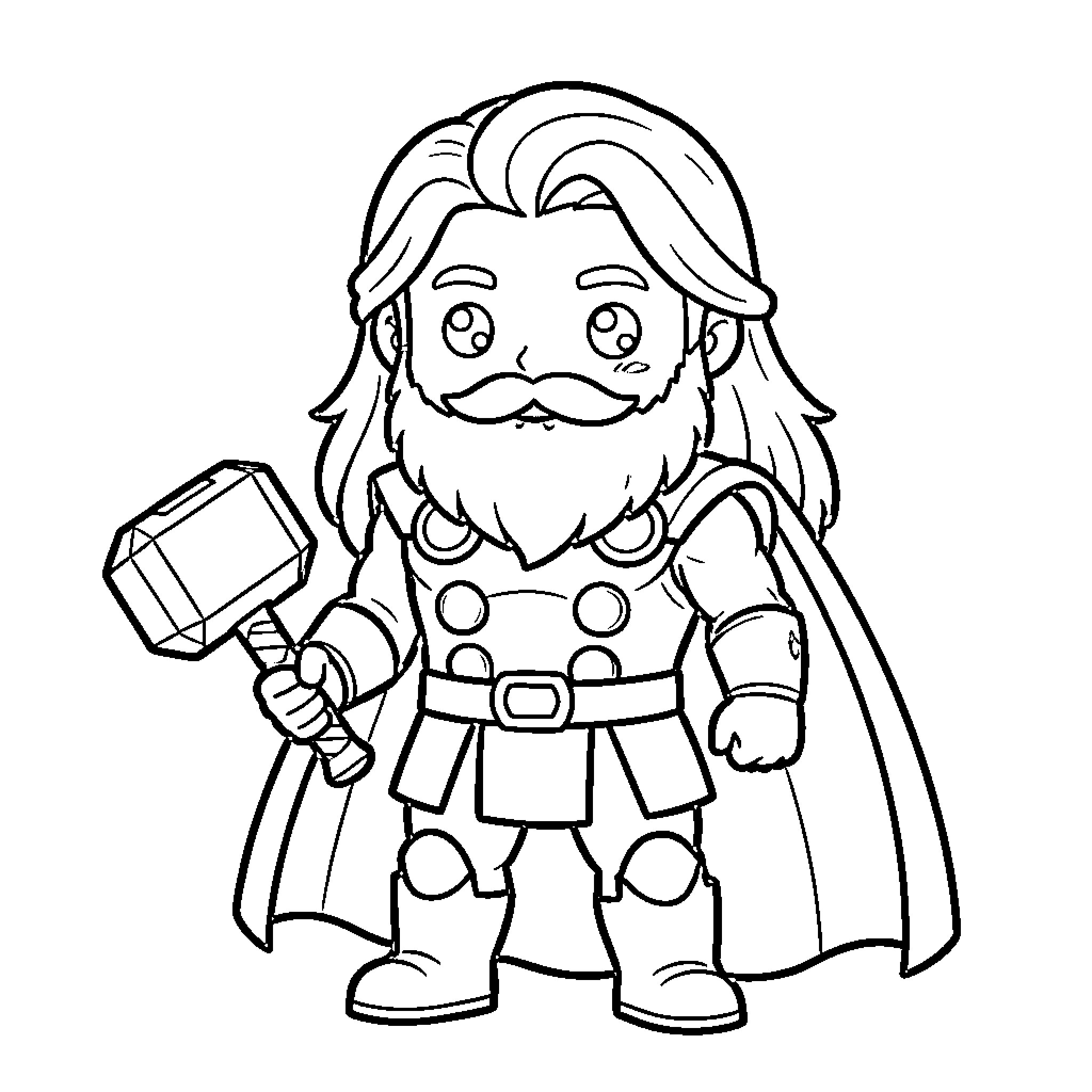 Thor wielding his mighty hammer in action Coloring Page (free black-and-white line drawing printable PDF for all, from beginners to advanced learners, including children, teens, adults, and seniors)