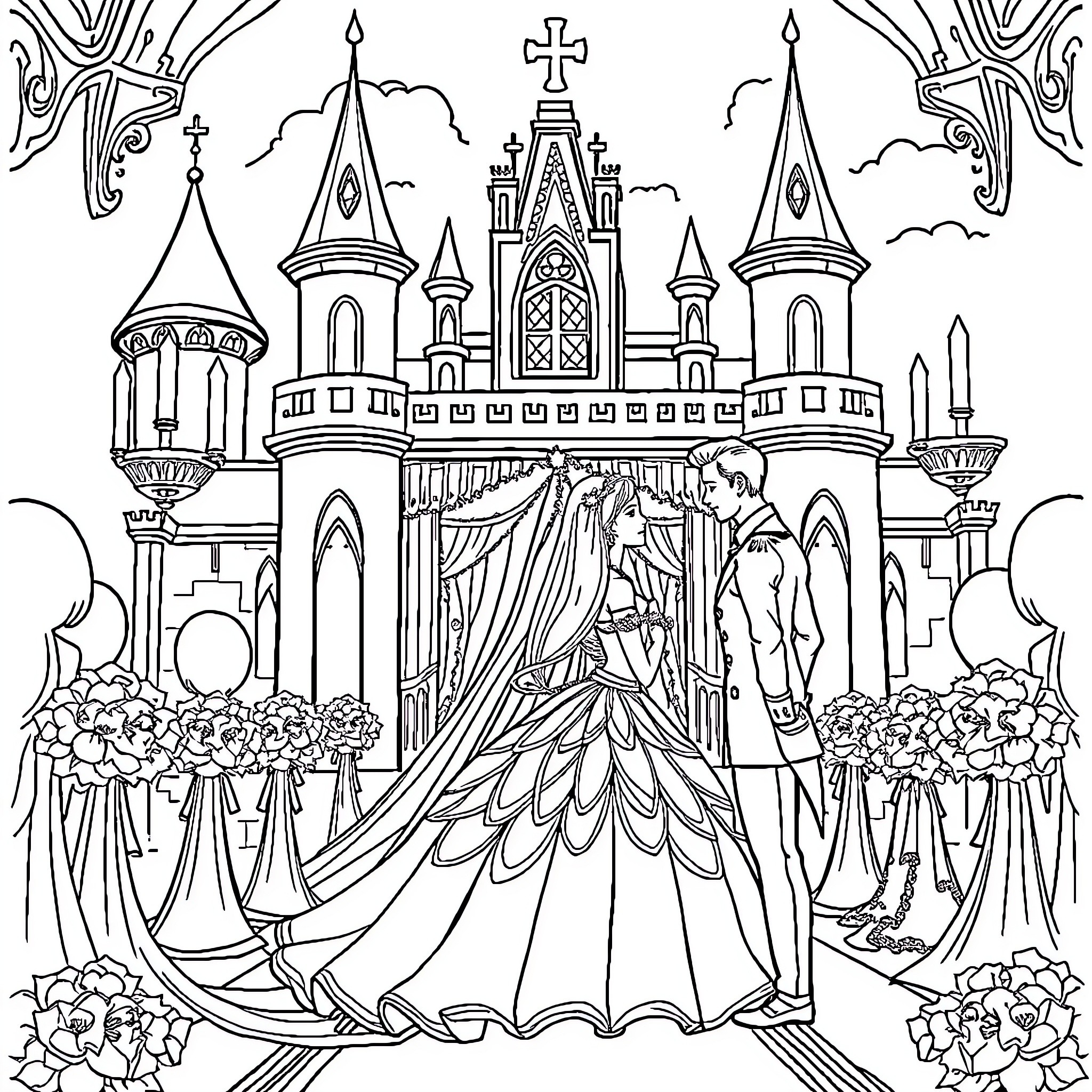 Wedding ceremony at a grand castle Coloring Page (free black-and-white line drawing printable PDF for all, from beginners to advanced learners, including children, teens, adults, and seniors)