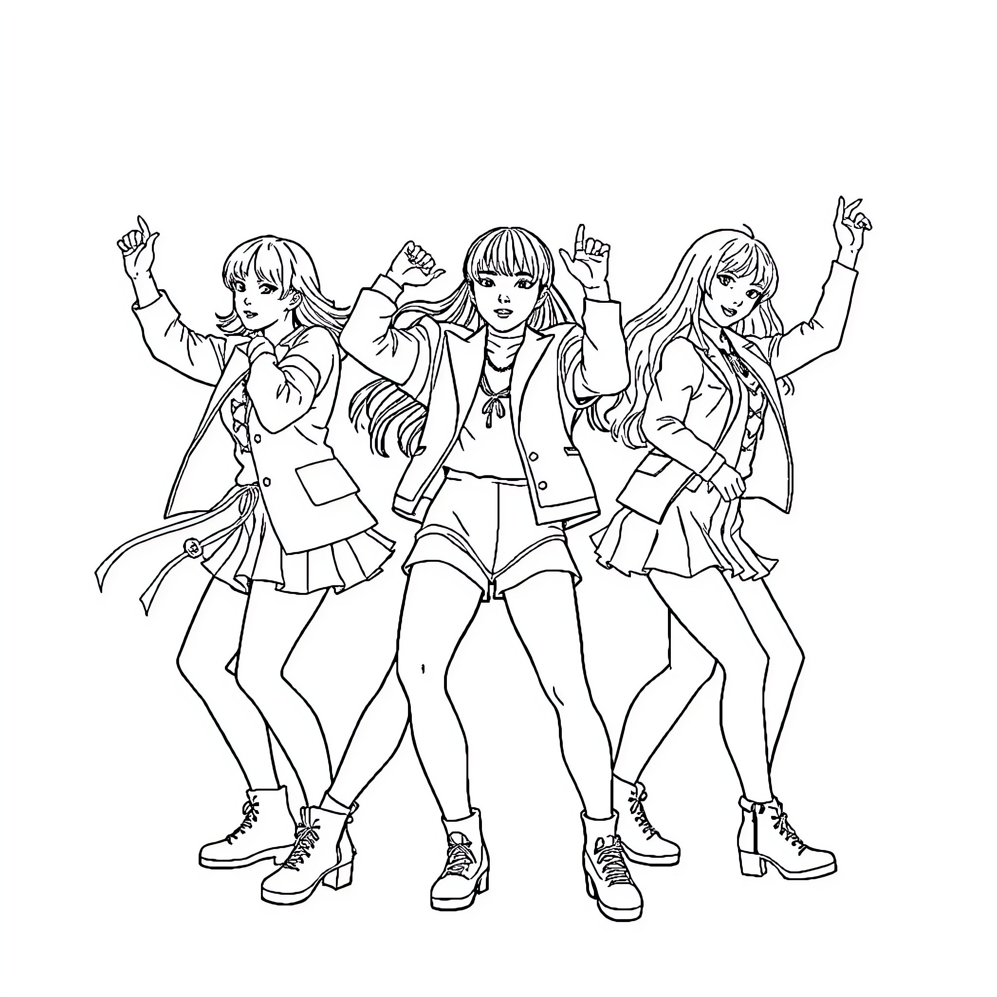 Kpop Group Striking Vibrant Poses Coloring Page (free black-and-white line drawing printable PDF for all, from beginners to advanced learners, including children, teens, adults, and seniors)
