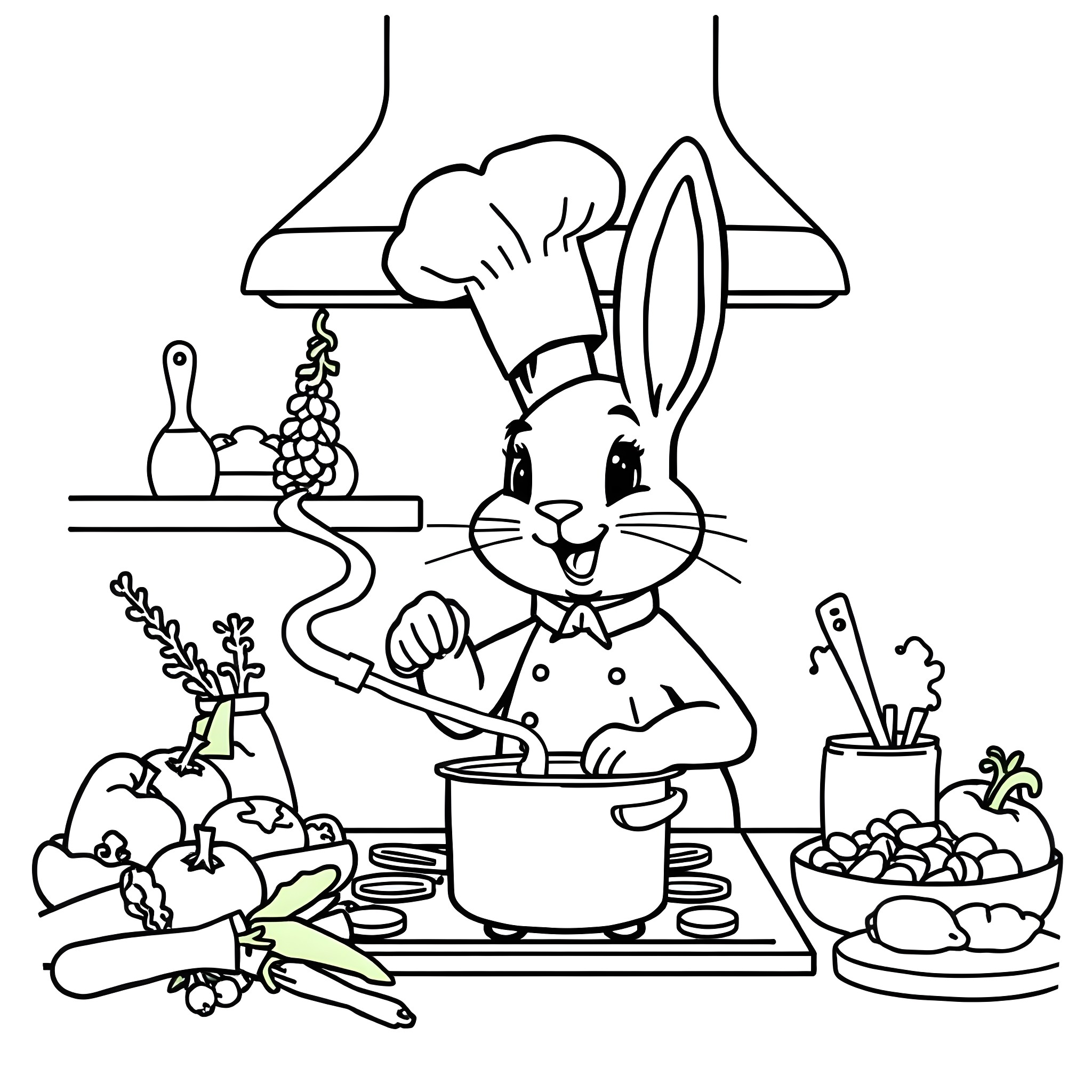Bunny chef cooking in the kitchen Coloring Page (free black-and-white line drawing printable PDF for all, from beginners to advanced learners, including children, teens, adults, and seniors)