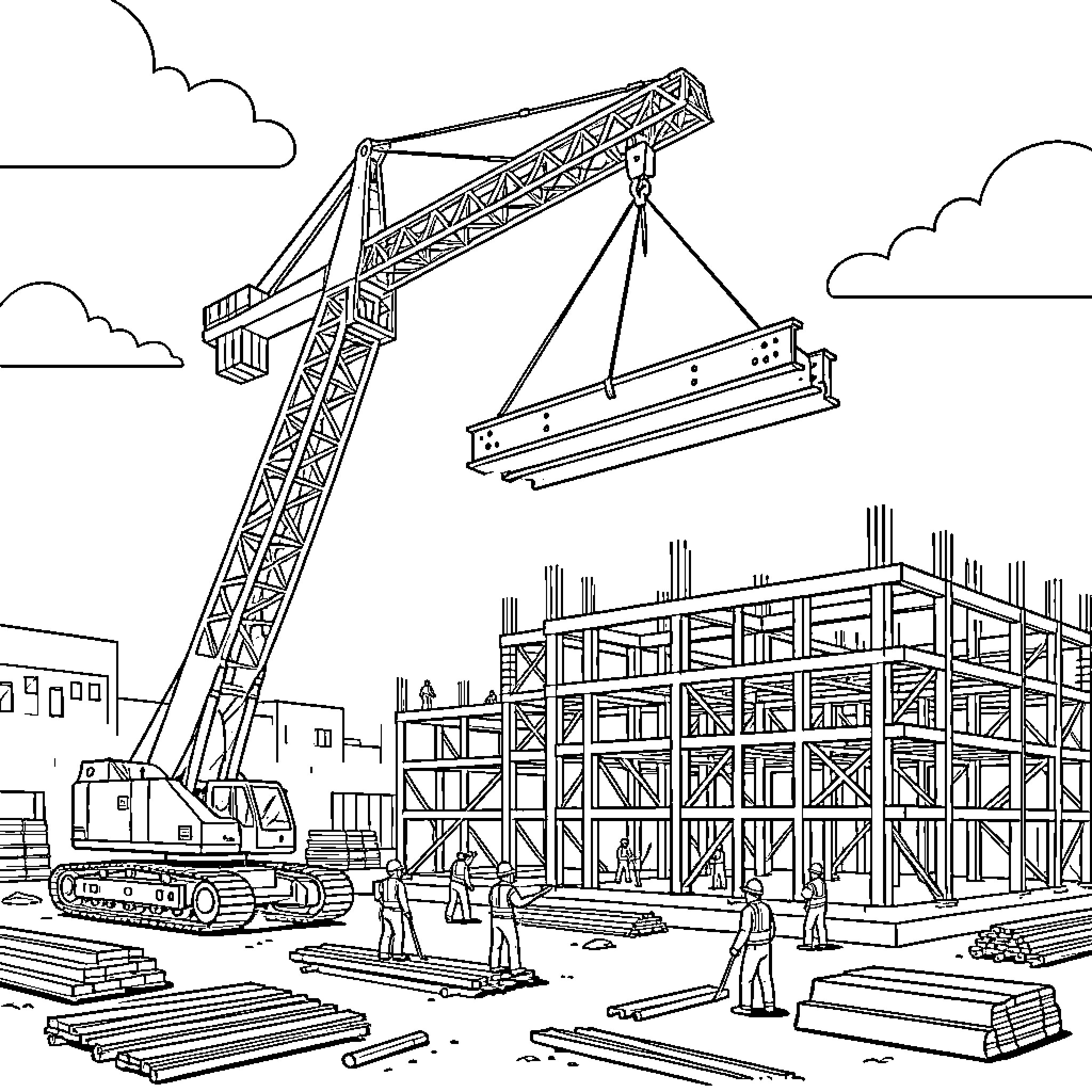 Crane at Construction Site Lifting Materials Coloring Page (free black-and-white line drawing printable PDF for all, from beginners to advanced learners, including children, teens, adults, and seniors)