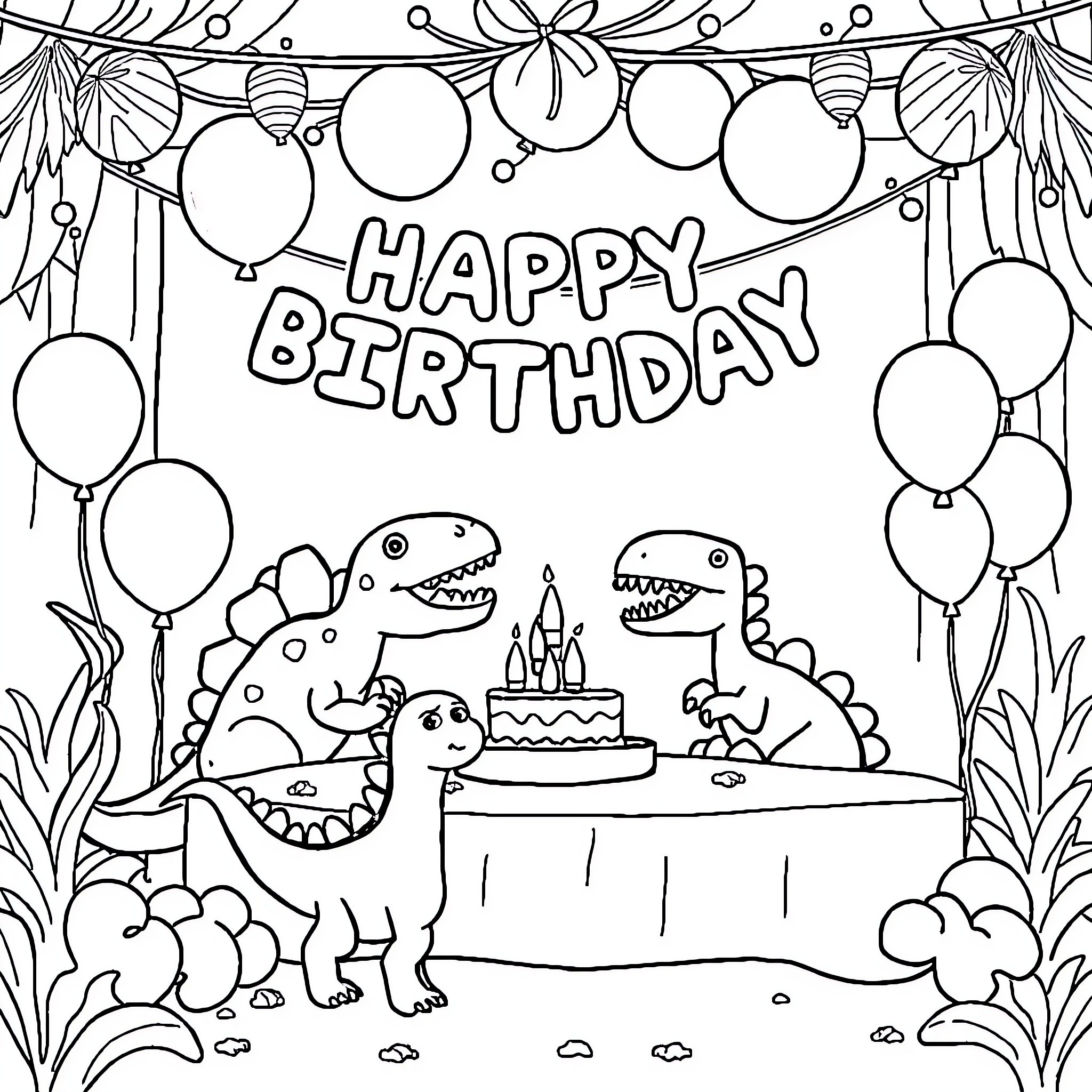 Dinosaur birthday party with balloons and cake Coloring Page (free black-and-white line drawing printable PDF for all, from beginners to advanced learners, including children, teens, adults, and seniors)