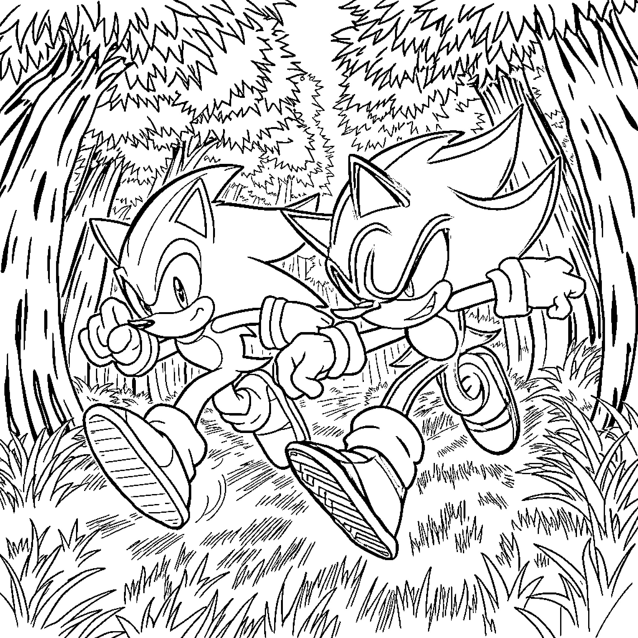 Sonic and friends on an adventure through the wilderness Coloring Page (free black-and-white line drawing printable PDF for all, from beginners to advanced learners, including children, teens, adults, and seniors)