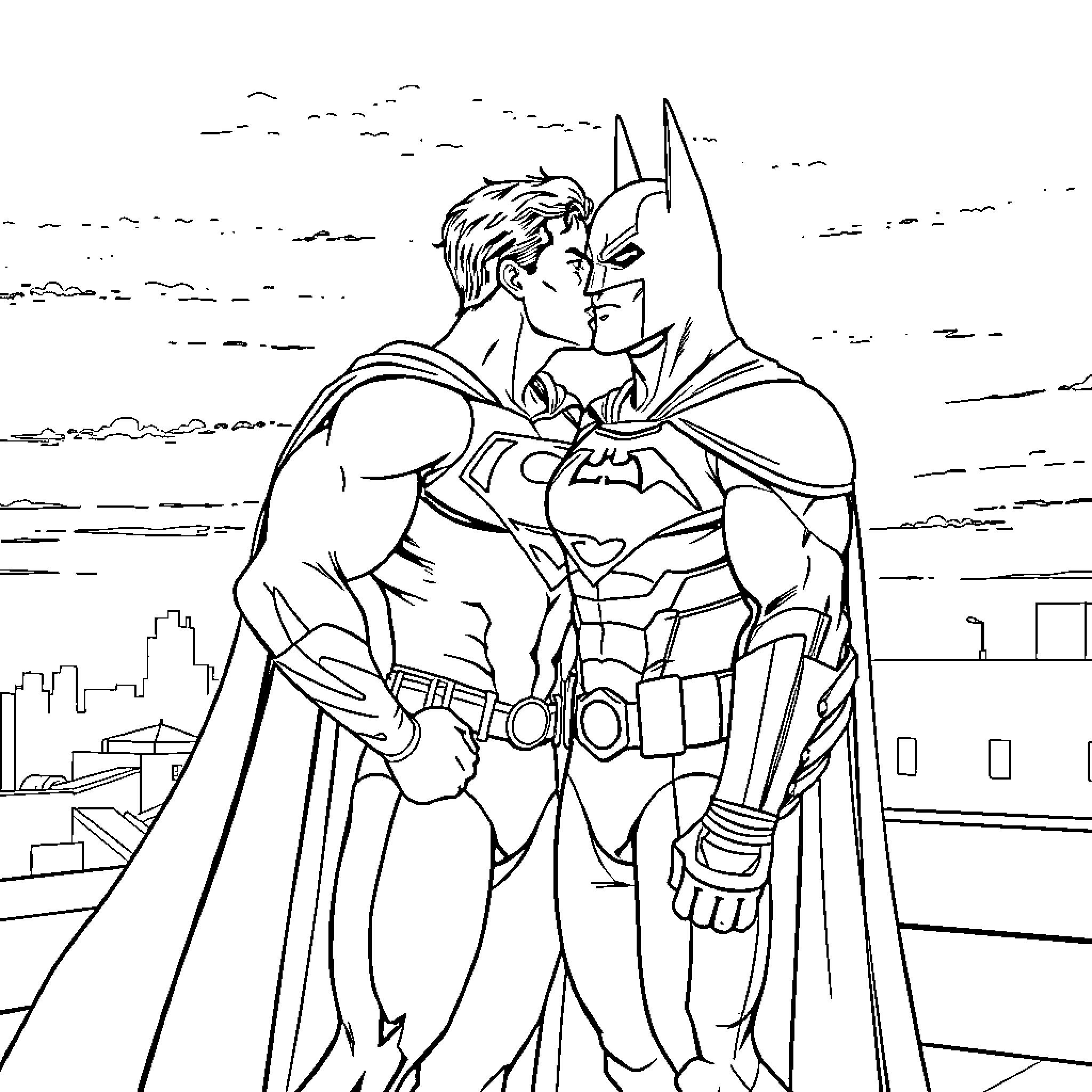Superman and Batman in heroic teamwork Coloring Page (free black-and-white line drawing printable PDF for all, from beginners to advanced learners, including children, teens, adults, and seniors)