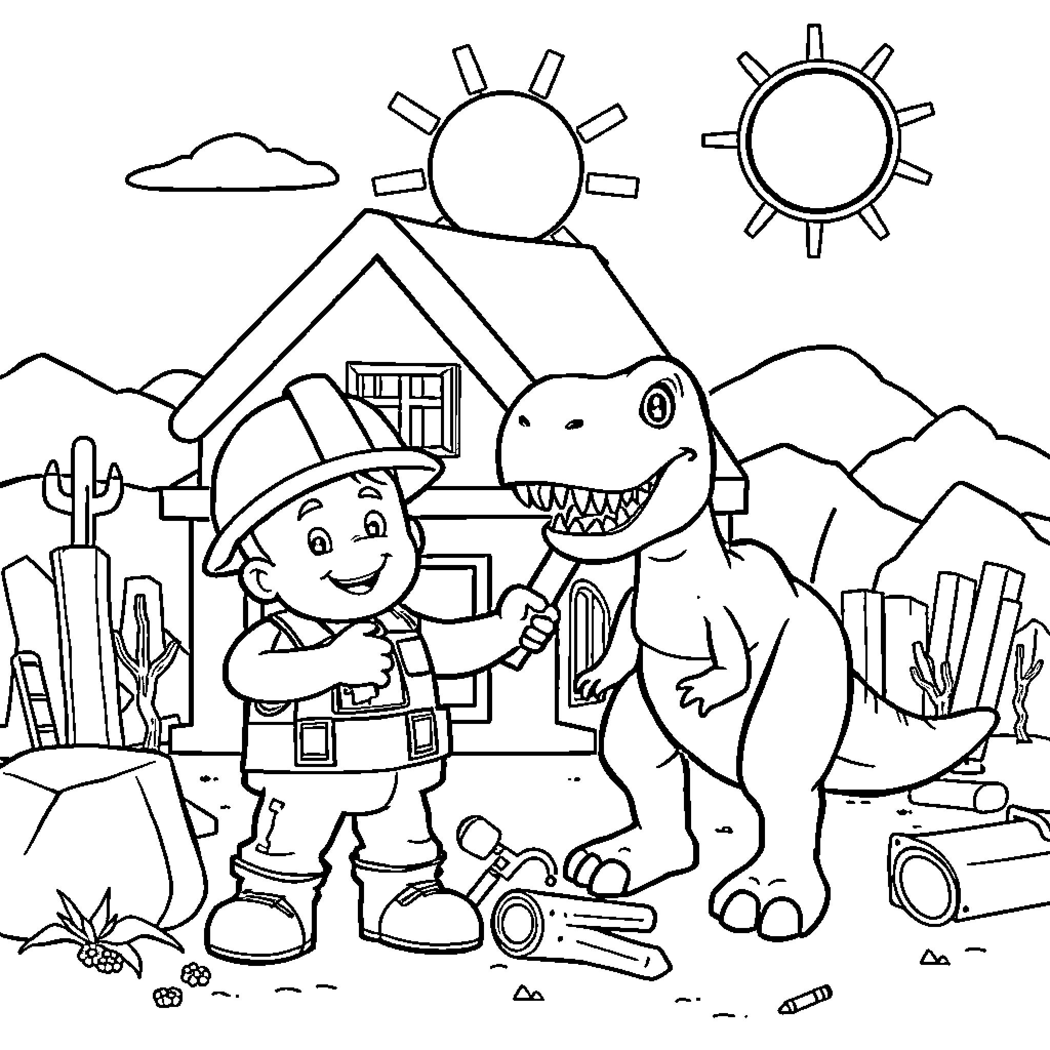 Bob the Builder working with a friendly dinosaur Coloring Page (free black-and-white line drawing printable PDF for all, from beginners to advanced learners, including children, teens, adults, and seniors)