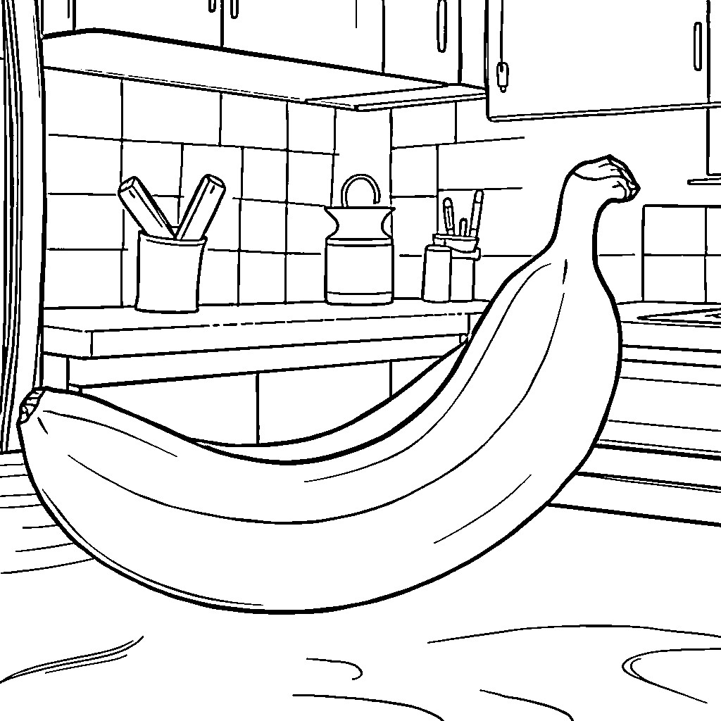 Banana in the Kitchen Countertop Coloring Page (free black-and-white line drawing printable PDF for all, from beginners to advanced learners, including children, teens, adults, and seniors)