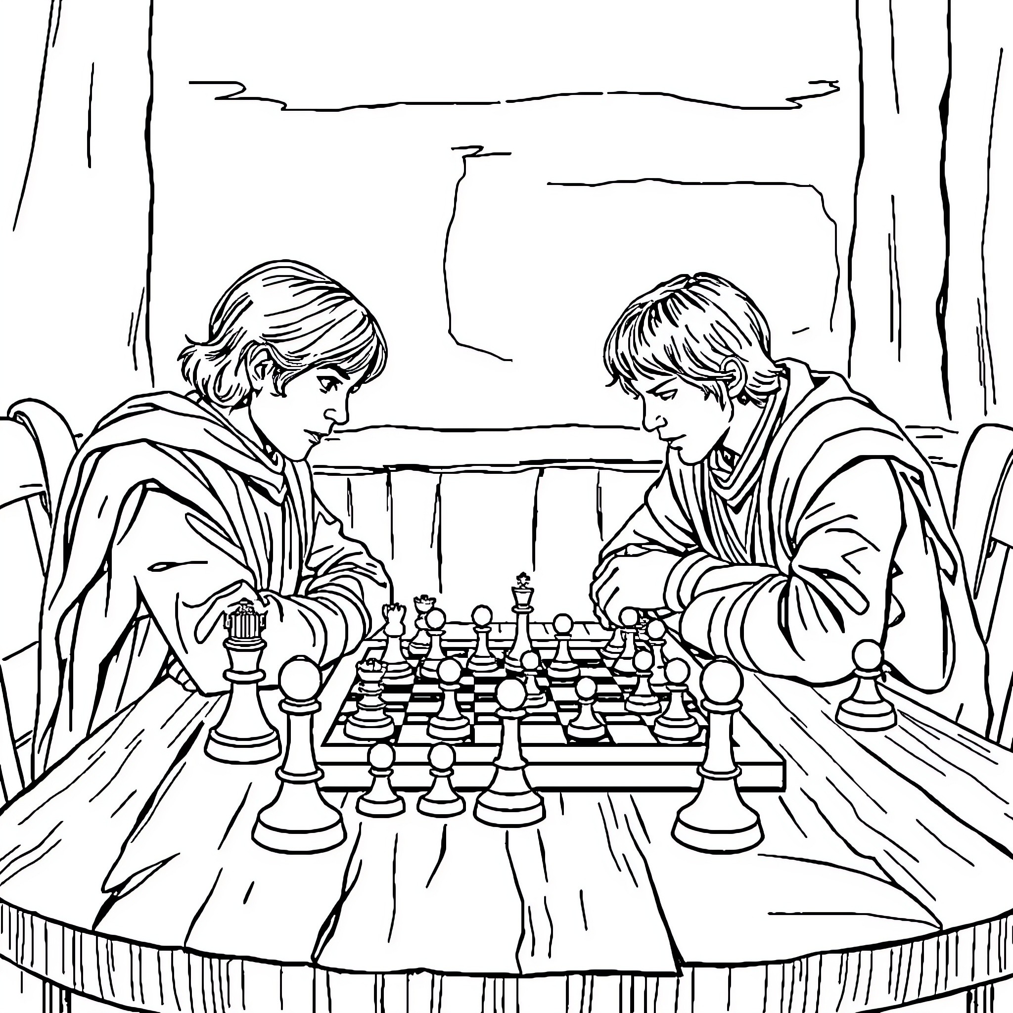 Frodo and Aragorn engage in a strategic chess match Coloring Page (free black-and-white line drawing printable PDF for all, from beginners to advanced learners, including children, teens, adults, and seniors)