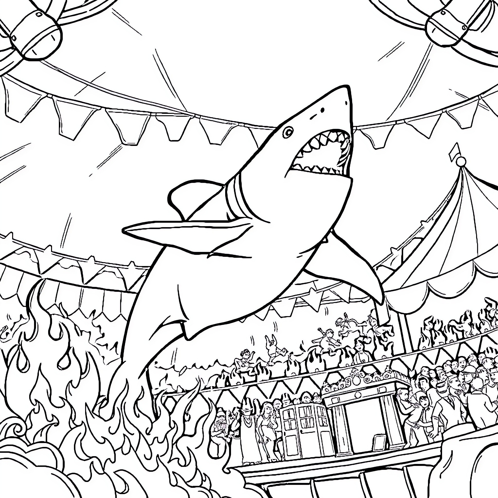 Shark attacking carnival with fiery excitement Coloring Page (free black-and-white line drawing printable PDF for all, from beginners to advanced learners, including children, teens, adults, and seniors)