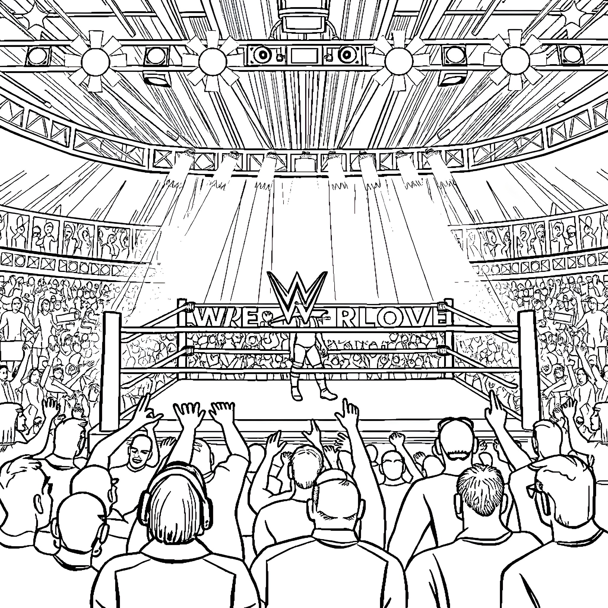 WWE Wrestlers in Intense Match on Stage Coloring Page (free black-and-white line drawing printable PDF for all, from beginners to advanced learners, including children, teens, adults, and seniors)
