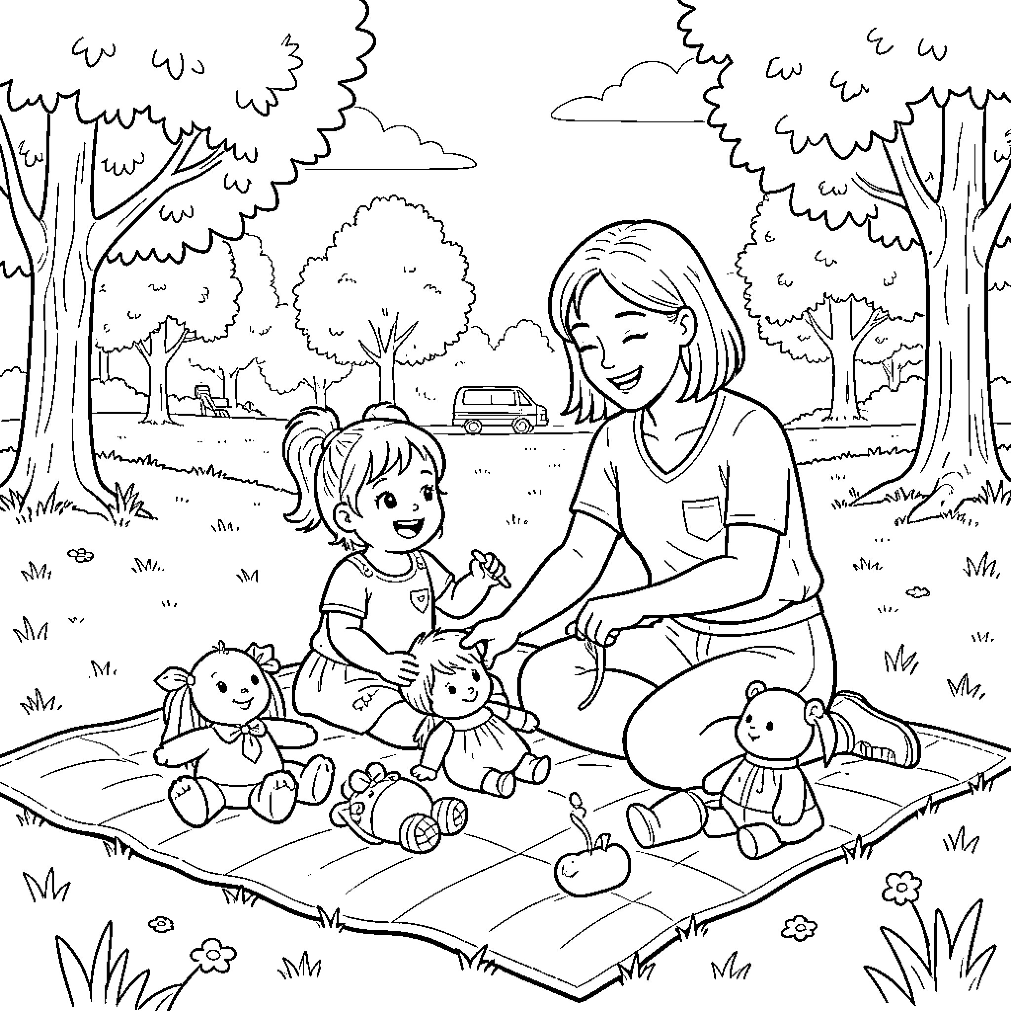 Doll family enjoying a picnic in the park Coloring Page (free black-and-white line drawing printable PDF for all, from beginners to advanced learners, including children, teens, adults, and seniors)
