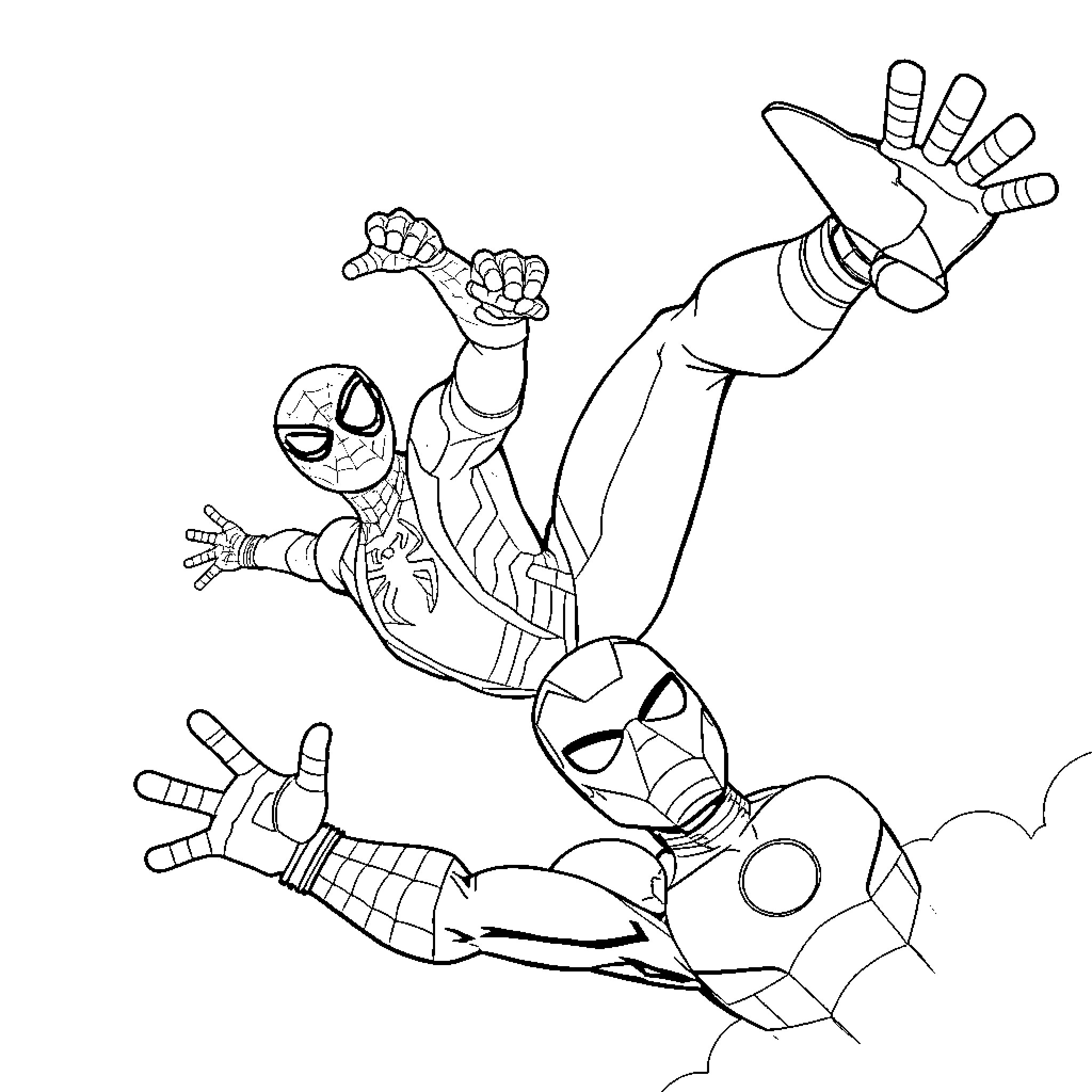 Spider-Man swinging through the air in action Coloring Page (free black-and-white line drawing printable PDF for all, from beginners to advanced learners, including children, teens, adults, and seniors)