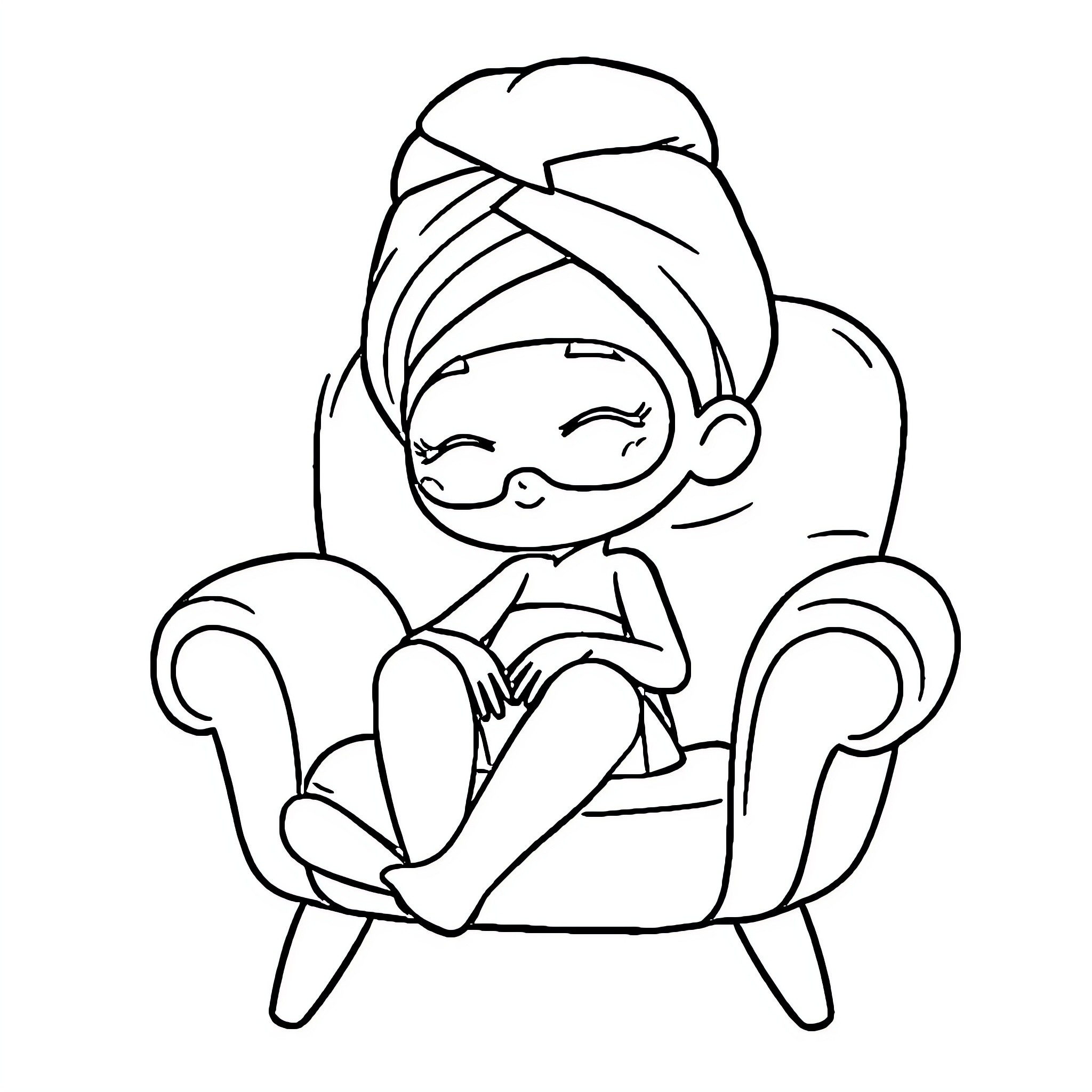 Girl resting comfortably in armchair Coloring Page (free black-and-white line drawing printable PDF for all, from beginners to advanced learners, including children, teens, adults, and seniors)