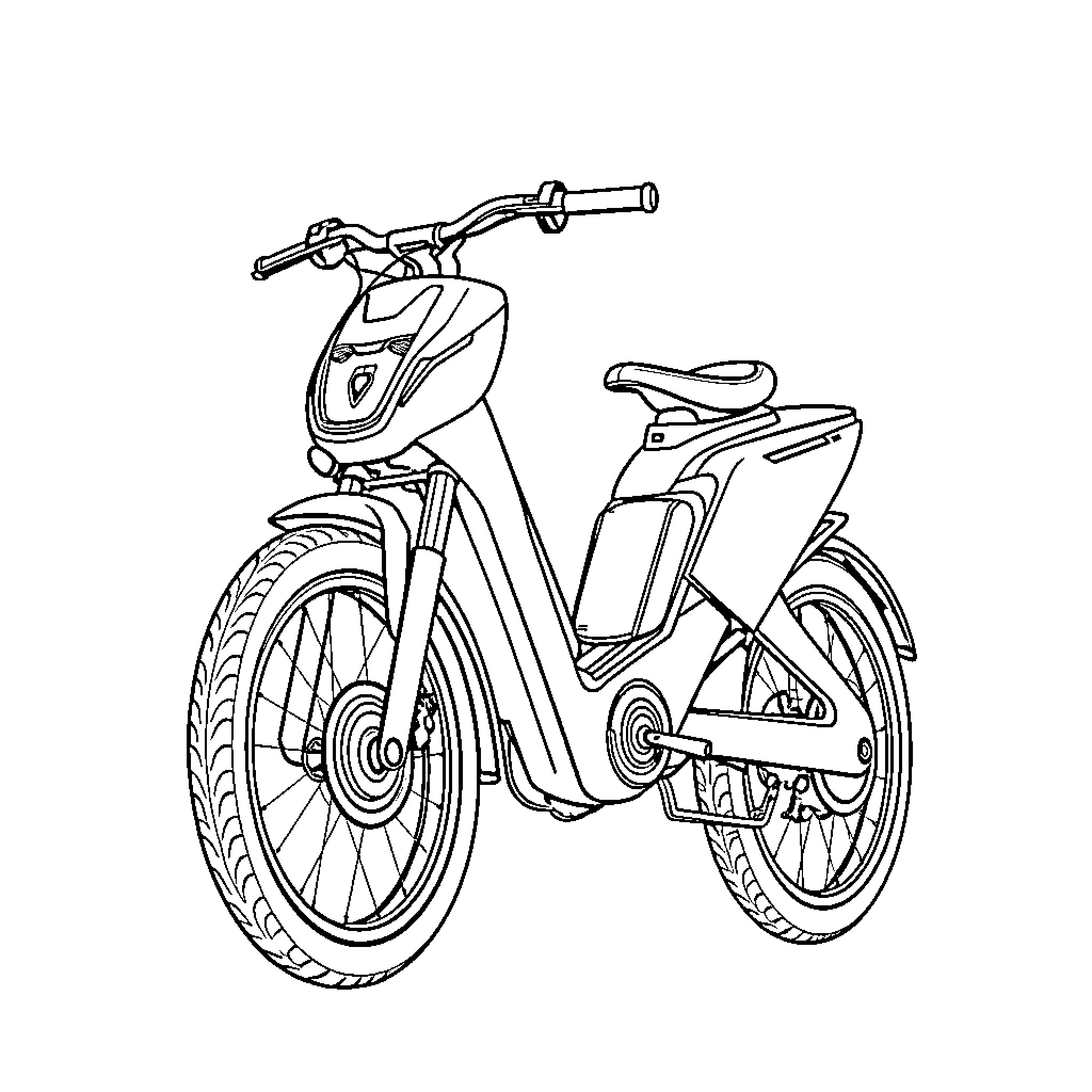 Yozma: Stylish electric moped with modern design Coloring Page (free black-and-white line drawing printable PDF for all, from beginners to advanced learners, including children, teens, adults, and seniors)
