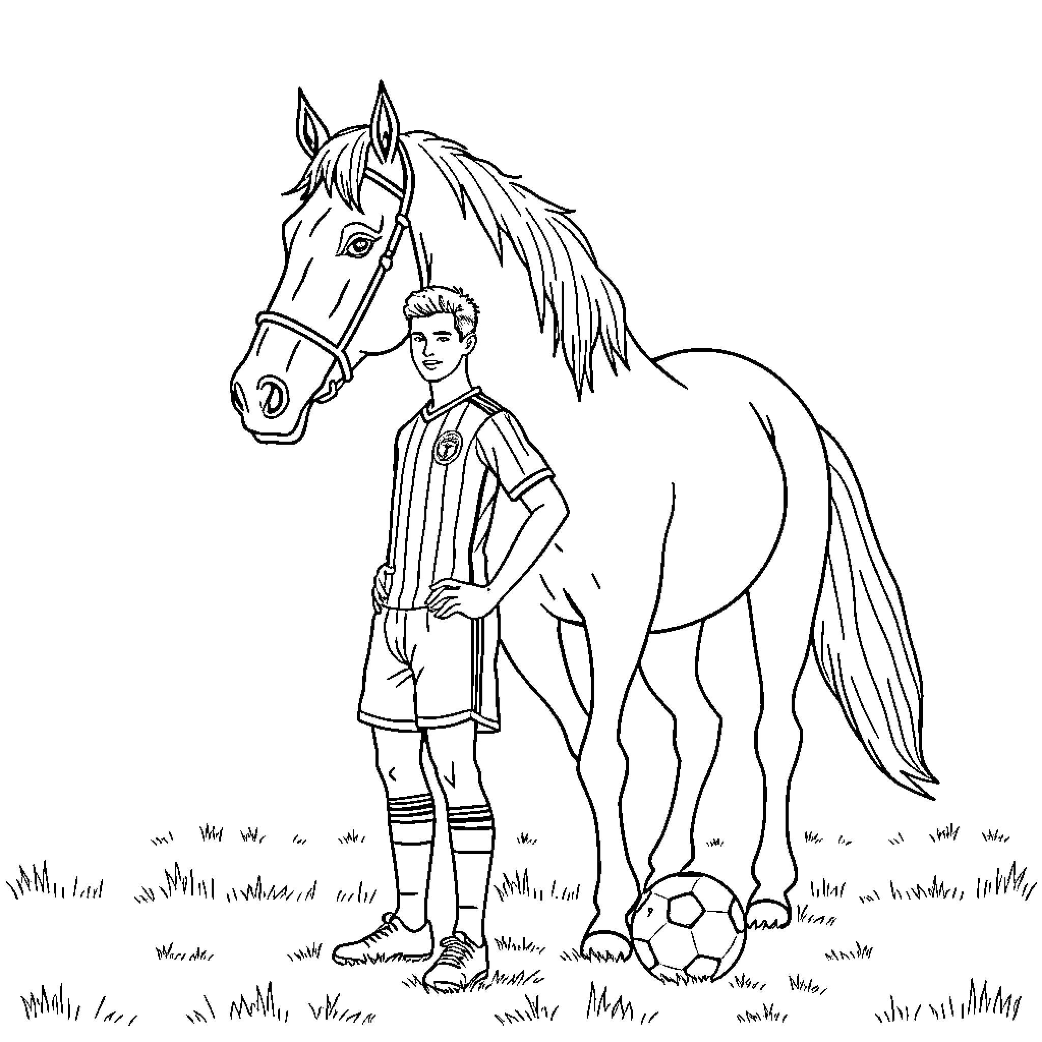Soccer Player Standing with Horse on Field Coloring Page (free black-and-white line drawing printable PDF for all, from beginners to advanced learners, including children, teens, adults, and seniors)