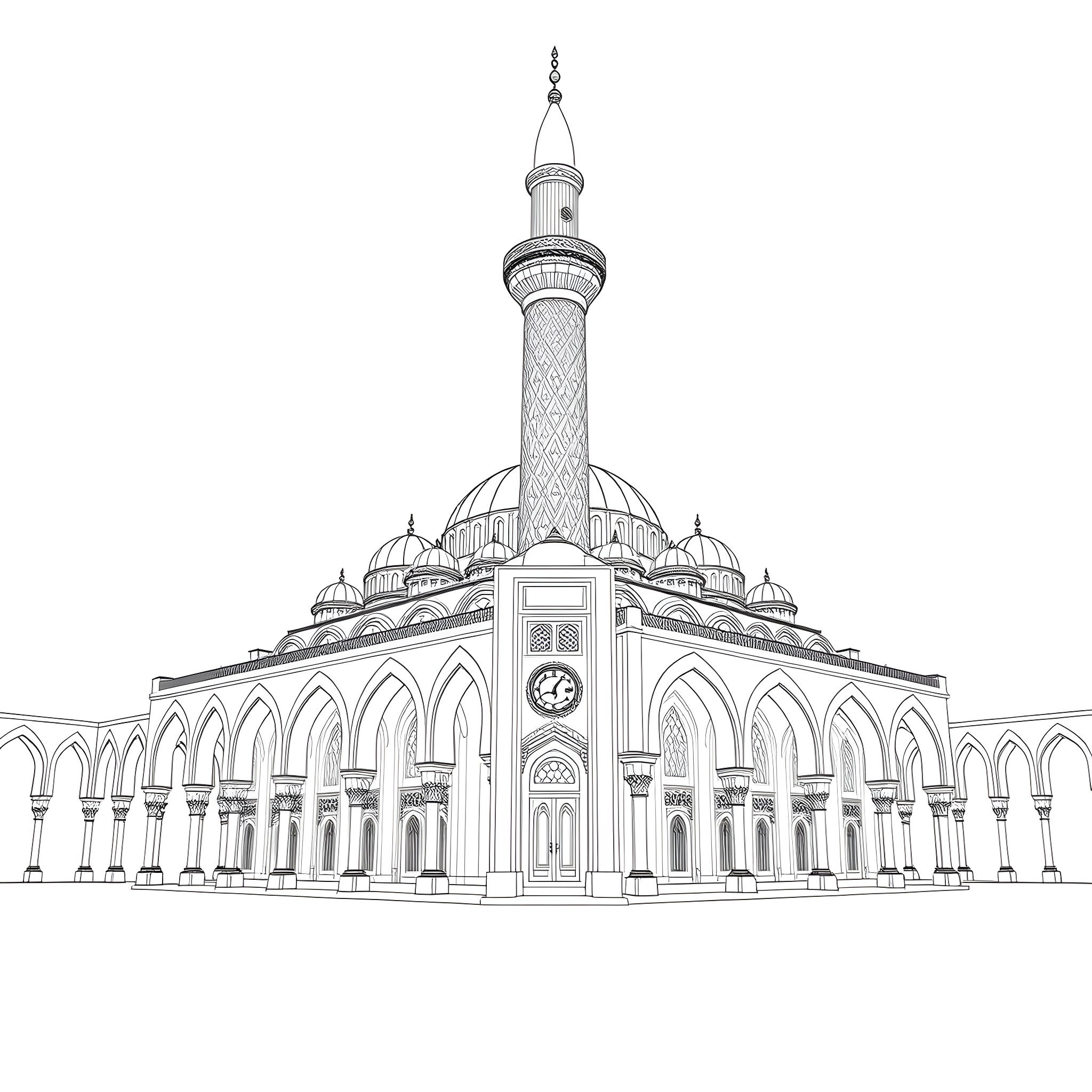 Mosque with ornate architecture and intricate details Coloring Page (free black-and-white line drawing printable PDF for all, from beginners to advanced learners, including children, teens, adults, and seniors)