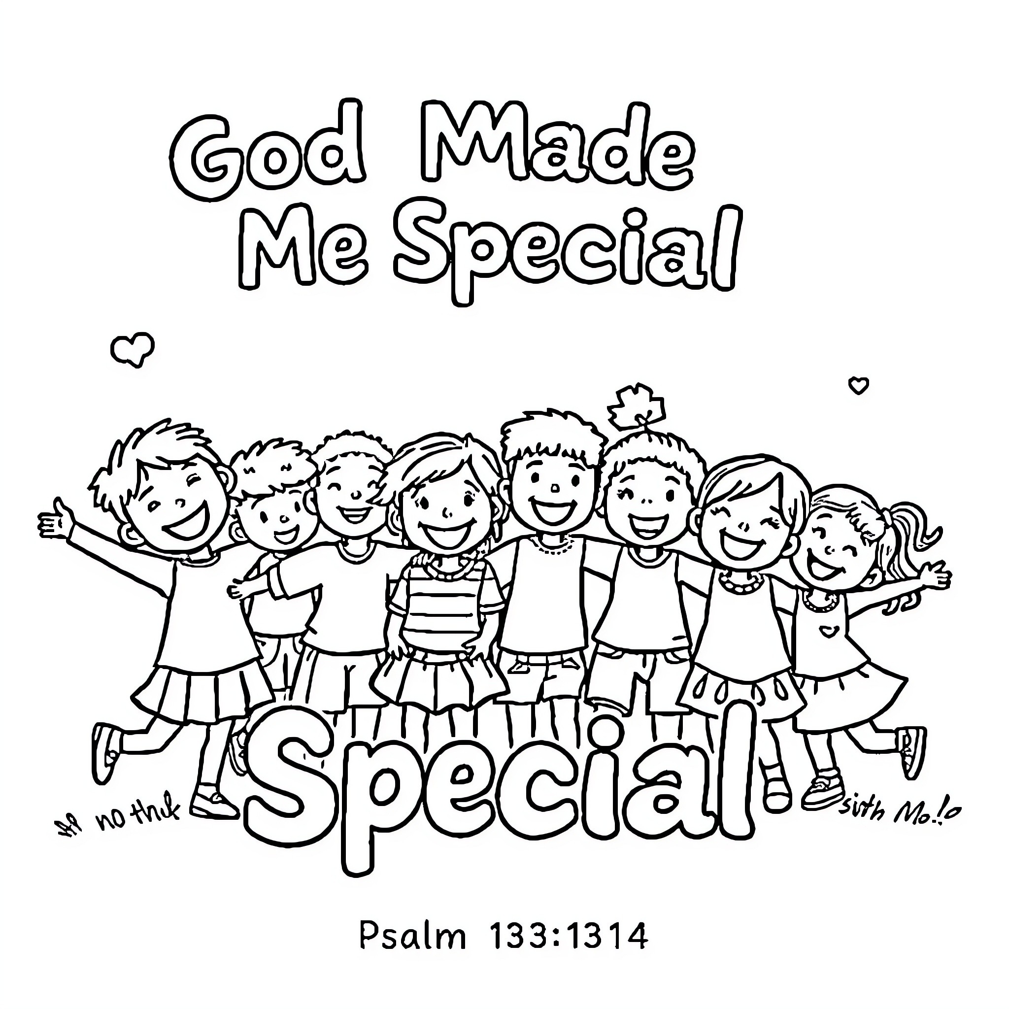 Child group celebrating being special with God Coloring Page (free black-and-white line drawing printable PDF for all, from beginners to advanced learners, including children, teens, adults, and seniors)