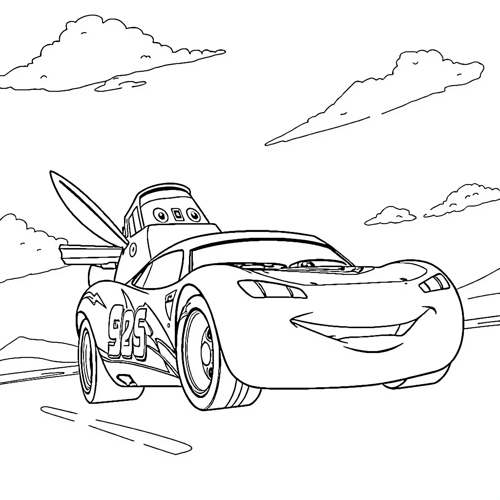 Lightning McQueen racing on the track Coloring Page (free black-and-white line drawing printable PDF for all, from beginners to advanced learners, including children, teens, adults, and seniors)