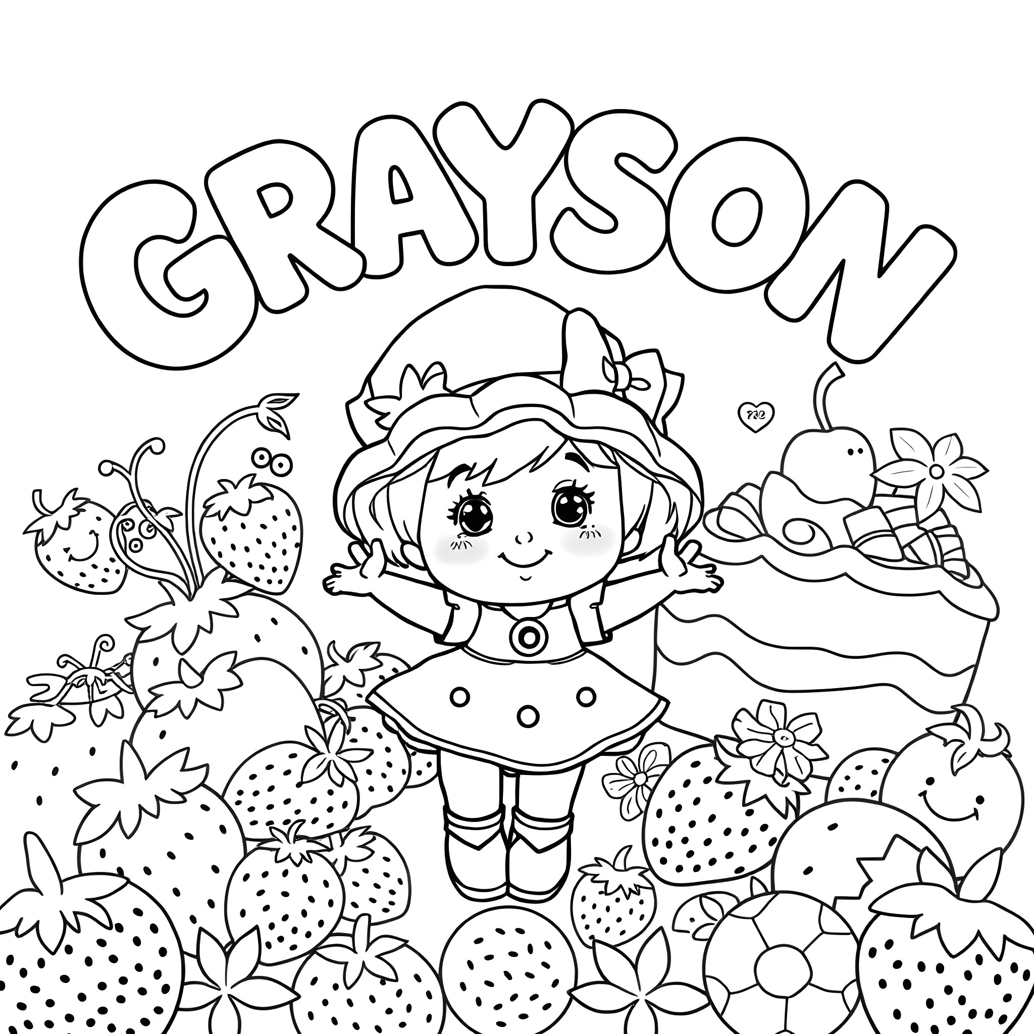 Strawberry Shortcake surrounded by strawberries and flowers Coloring Page (free black-and-white line drawing printable PDF for all, from beginners to advanced learners, including children, teens, adults, and seniors)