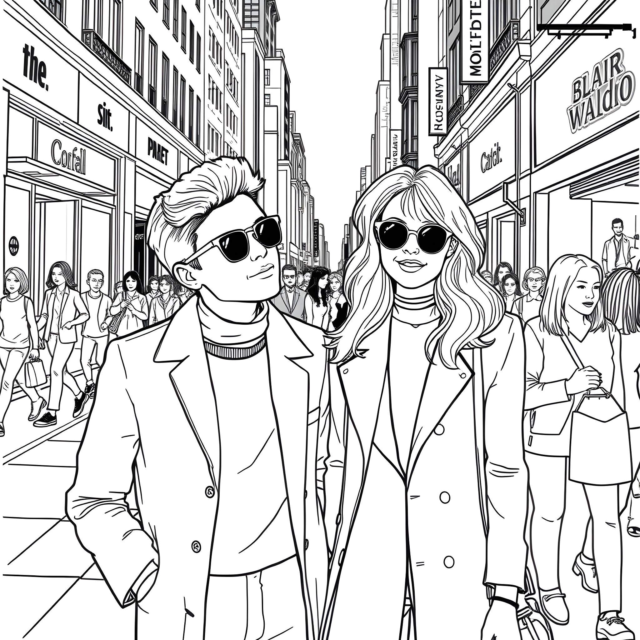 Seth Cohen and Blair Waldorf explore the city streets Coloring Page (free black-and-white line drawing printable PDF for all, from beginners to advanced learners, including children, teens, adults, and seniors)