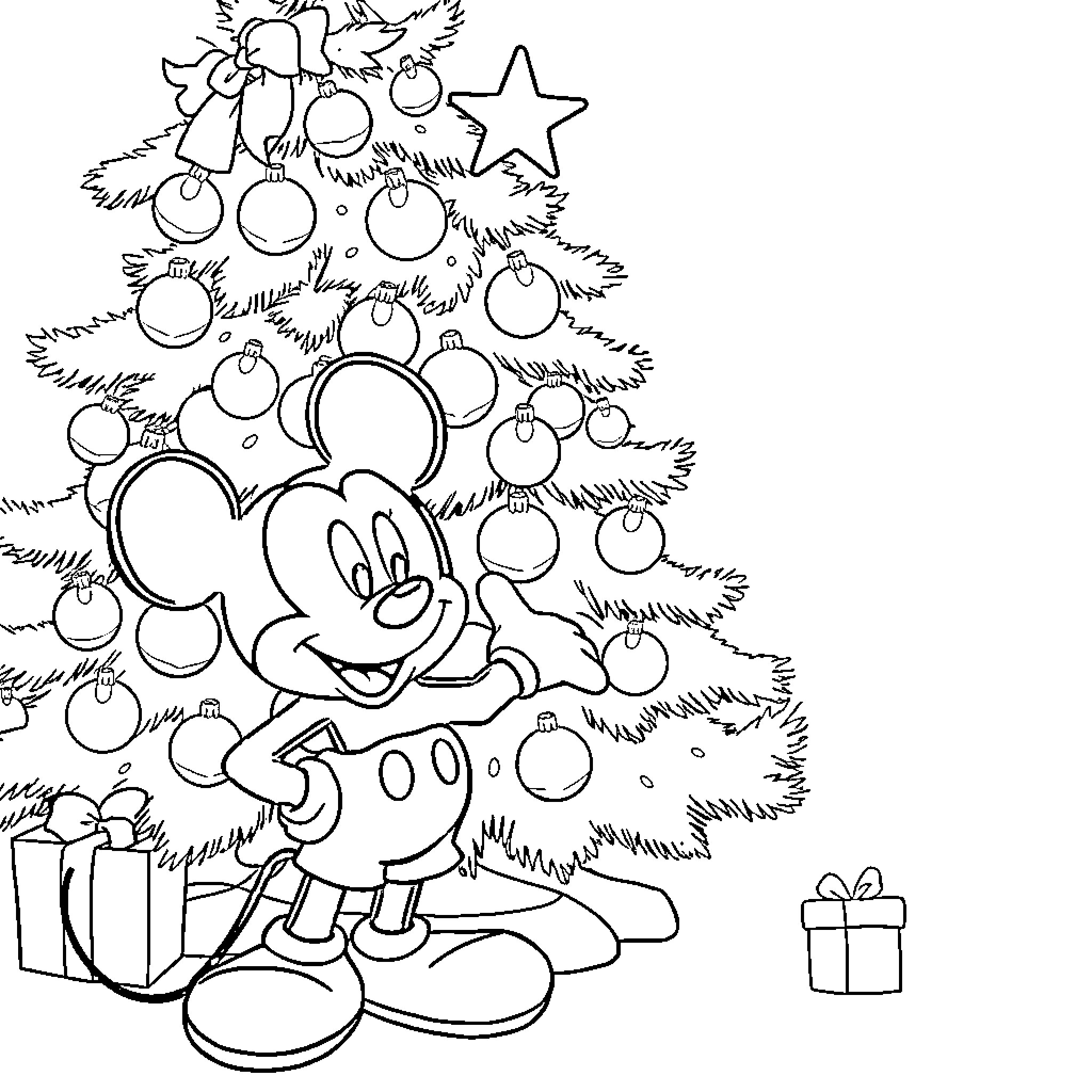 Mickey Mouse decorating Christmas tree with ornaments Coloring Page (free black-and-white line drawing printable PDF for all, from beginners to advanced learners, including children, teens, adults, and seniors)