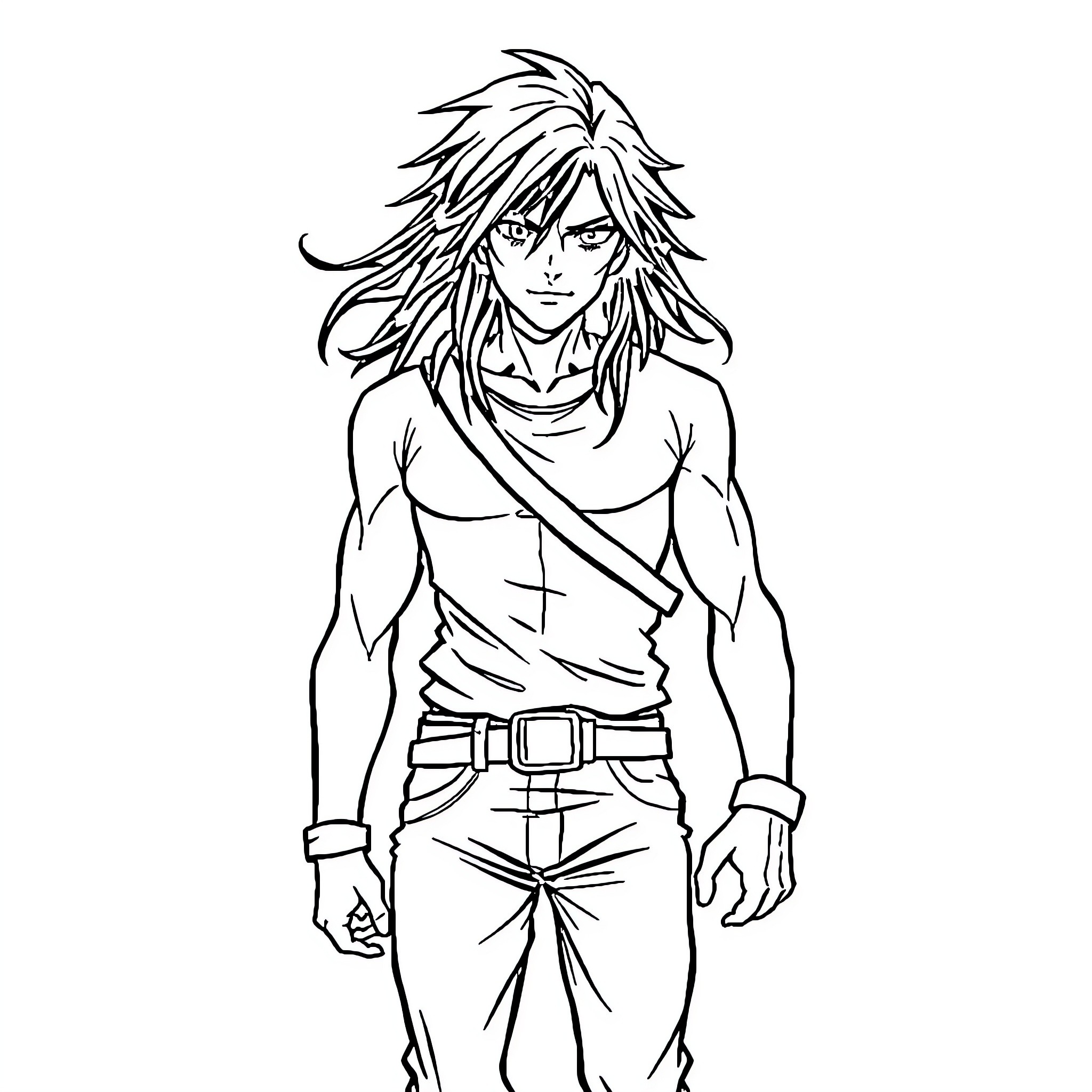Eren Yeager in fierce combat stance Coloring Page (free black-and-white line drawing printable PDF for all, from beginners to advanced learners, including children, teens, adults, and seniors)