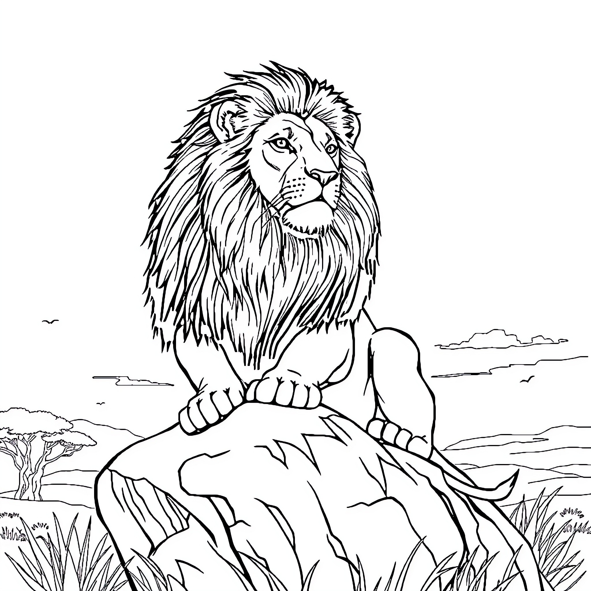 Lion sitting majestically on a rock in the savanna Coloring Page (free black-and-white line drawing printable PDF for all, from beginners to advanced learners, including children, teens, adults, and seniors)
