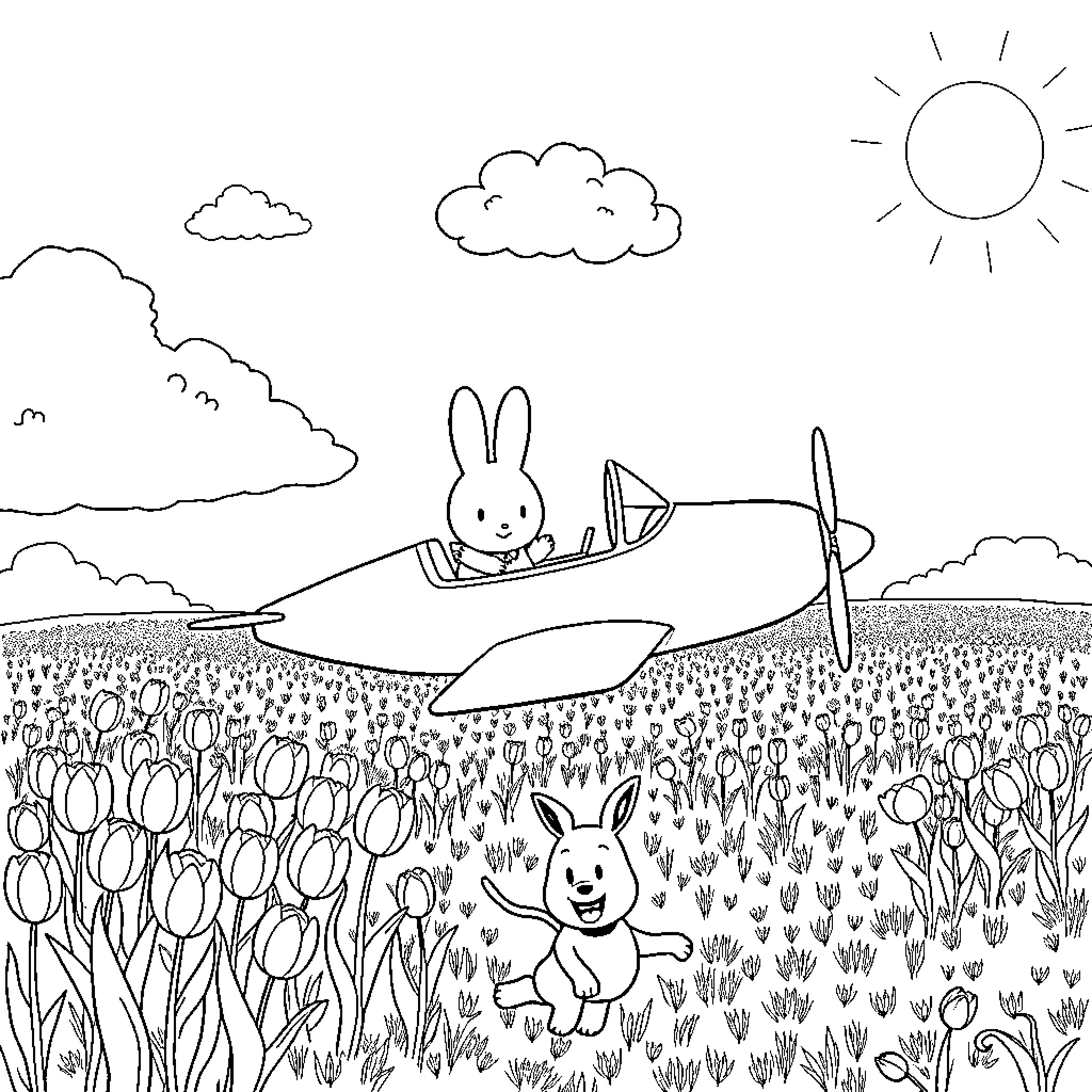 Miffy flying an airplane over a tulip field Coloring Page (free black-and-white line drawing printable PDF for all, from beginners to advanced learners, including children, teens, adults, and seniors)