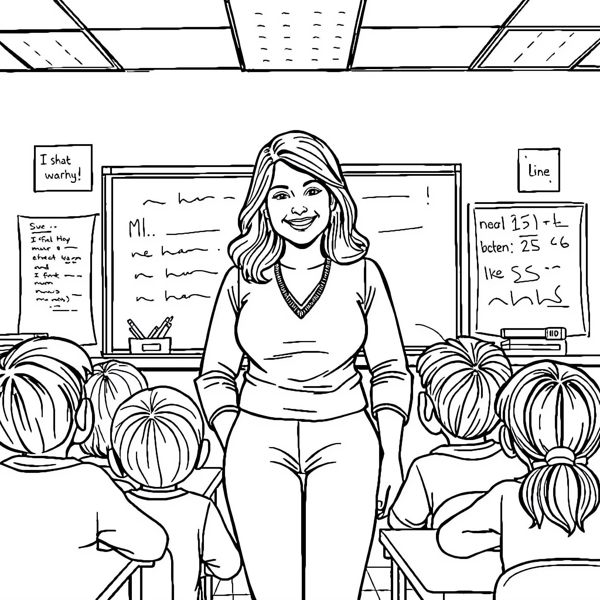 Ms Rachel Guiding Students in a Classroom Coloring Page (free black-and-white line drawing printable PDF for all, from beginners to advanced learners, including children, teens, adults, and seniors)