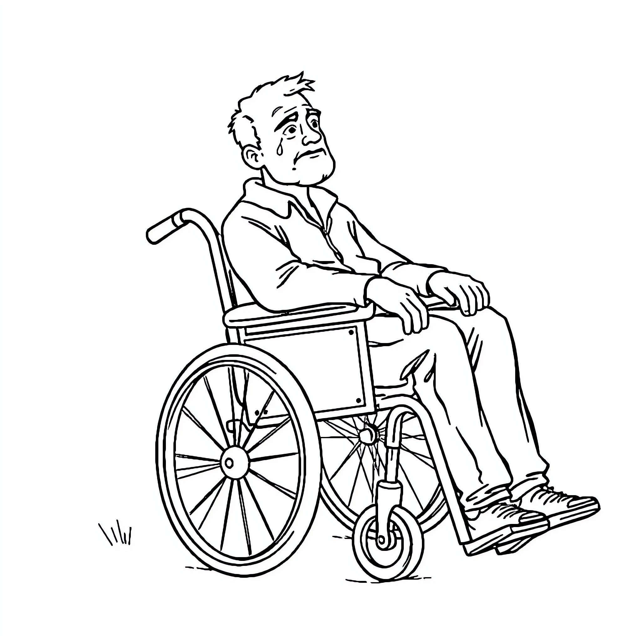 Man in wheelchair with thoughtful expression Coloring Page (free black-and-white line drawing printable PDF for all, from beginners to advanced learners, including children, teens, adults, and seniors)