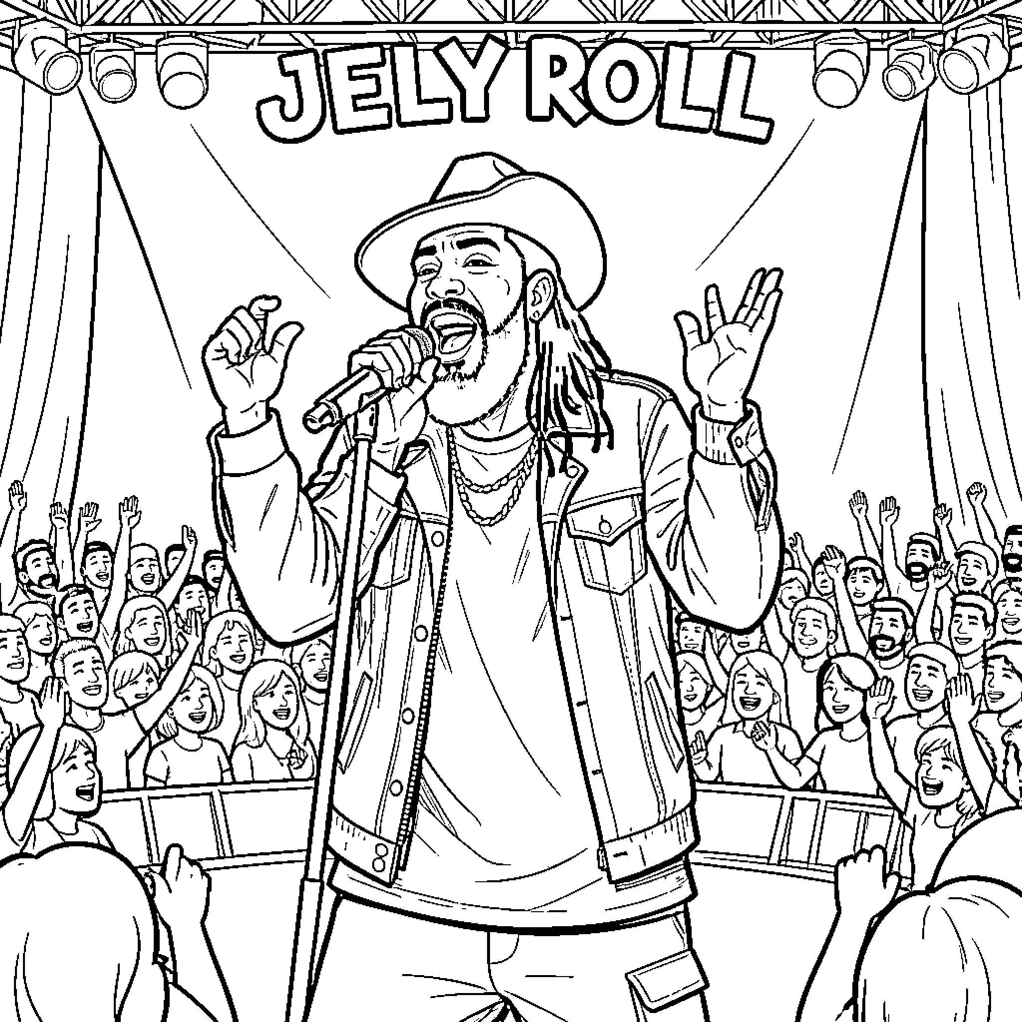 Jelly Roll performing energetically on stage for a crowd Coloring Page (free black-and-white line drawing printable PDF for all, from beginners to advanced learners, including children, teens, adults, and seniors)
