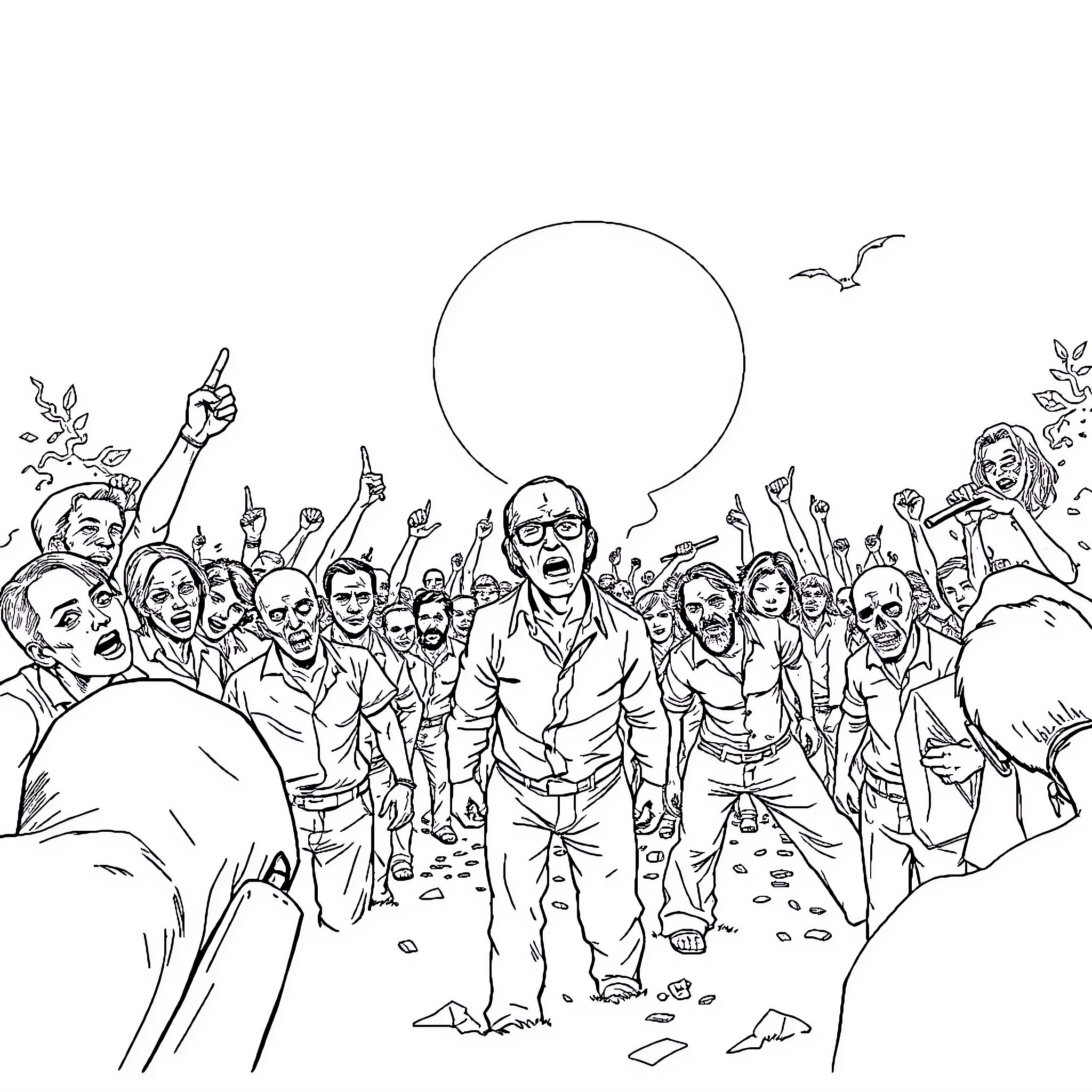 Zombie Mob Gathering in the Apocalyptic Landscape Coloring Page (free black-and-white line drawing printable PDF for all, from beginners to advanced learners, including children, teens, adults, and seniors)