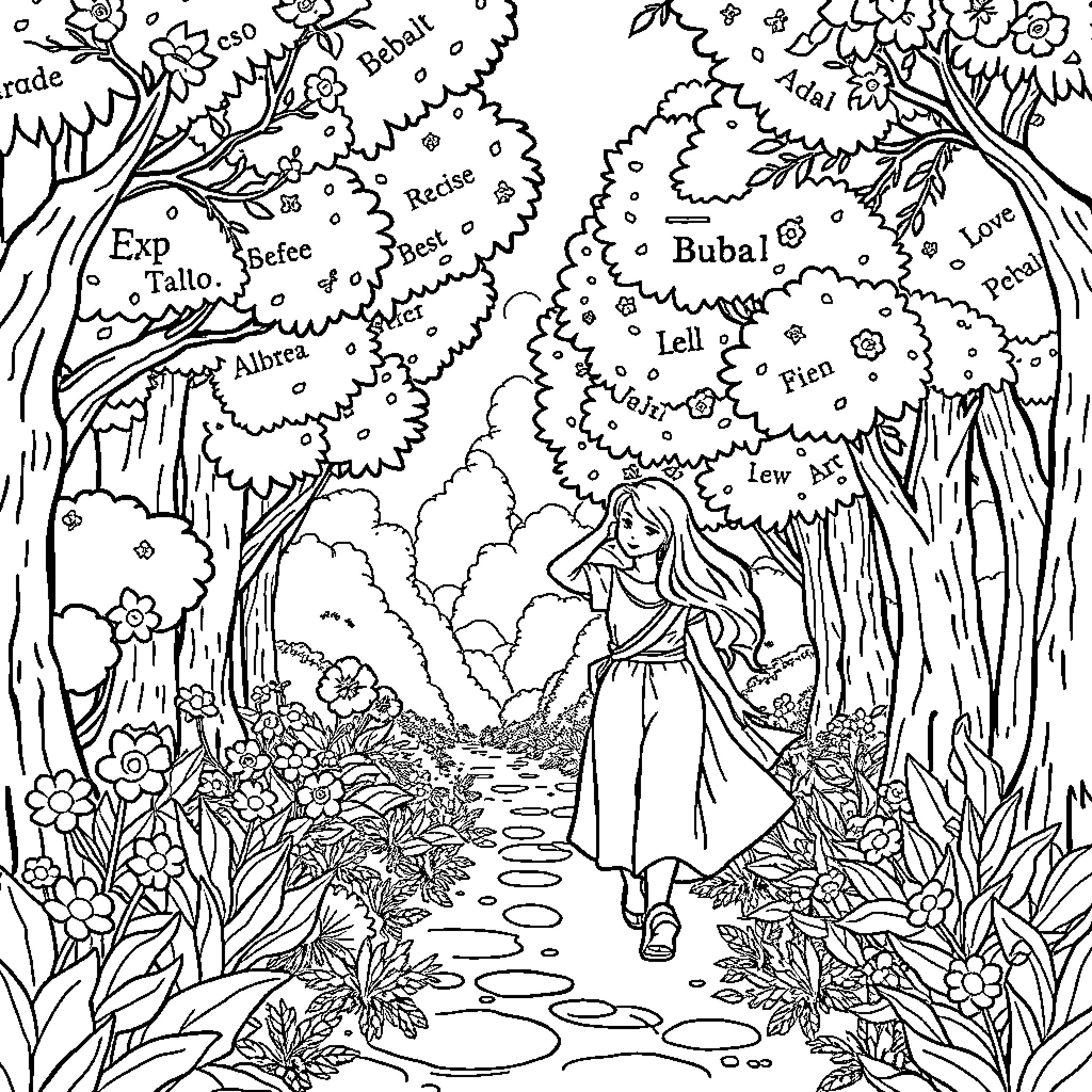 Bebe's Enchanted Forest Adventure Coloring Page (free black-and-white line drawing printable PDF for all, from beginners to advanced learners, including children, teens, adults, and seniors)