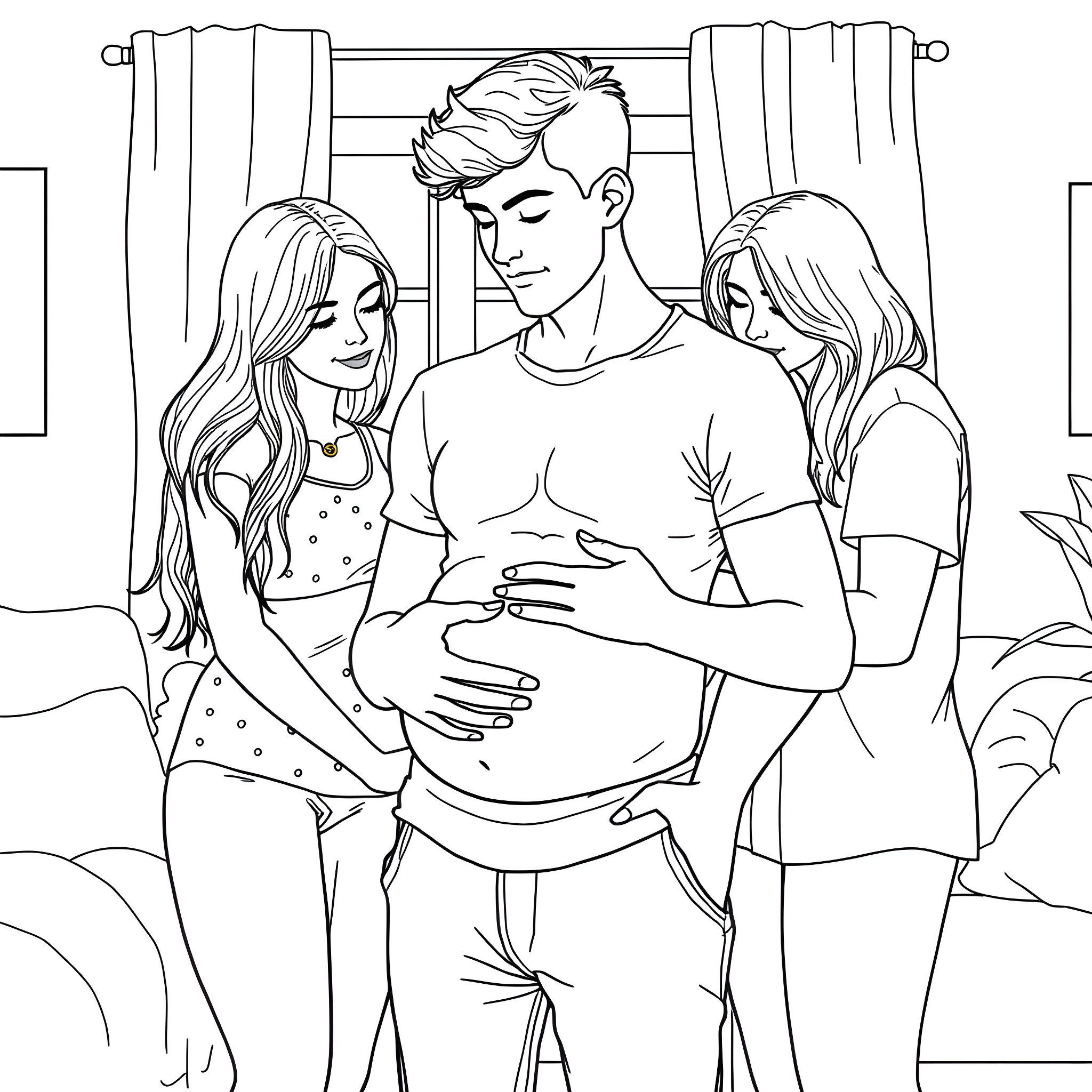 Trans Man Embracing Supportive Partners Coloring Page (free black-and-white line drawing printable PDF for all, from beginners to advanced learners, including children, teens, adults, and seniors)