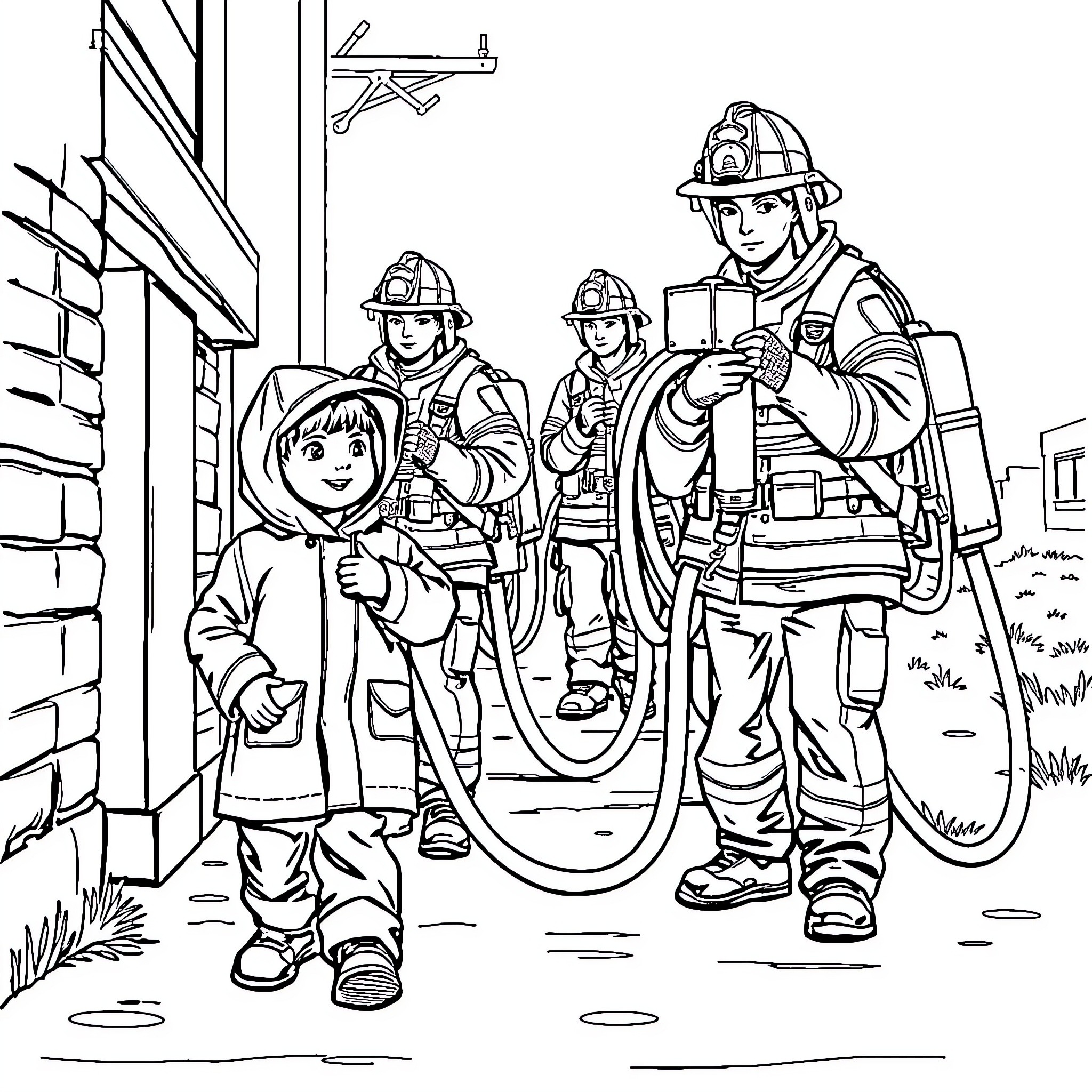 Boy Firefighters Assisting in a Rescue Operation Coloring Page (free black-and-white line drawing printable PDF for all, from beginners to advanced learners, including children, teens, adults, and seniors)