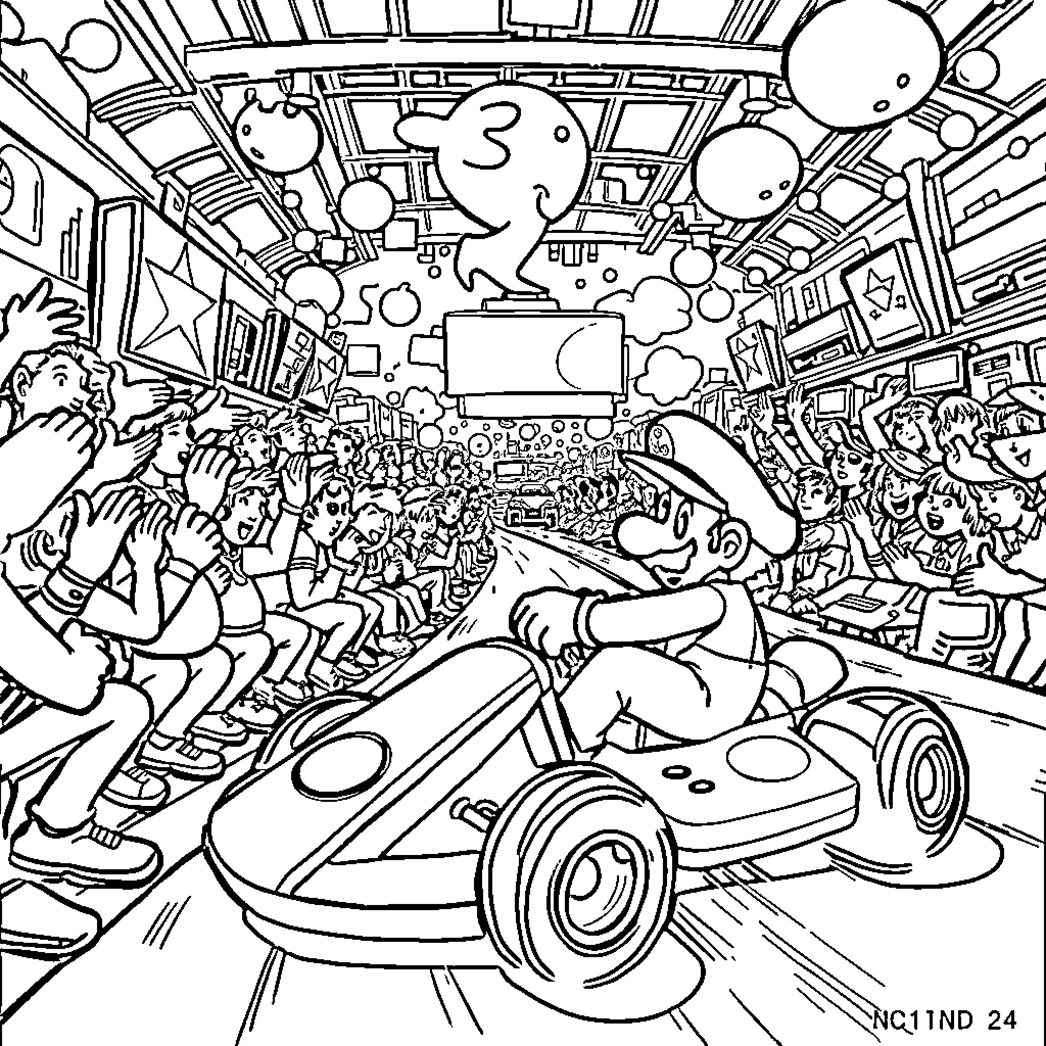 Mario Kart chaotic racing in a crowded stadium Coloring Page (free black-and-white line drawing printable PDF for all, from beginners to advanced learners, including children, teens, adults, and seniors)